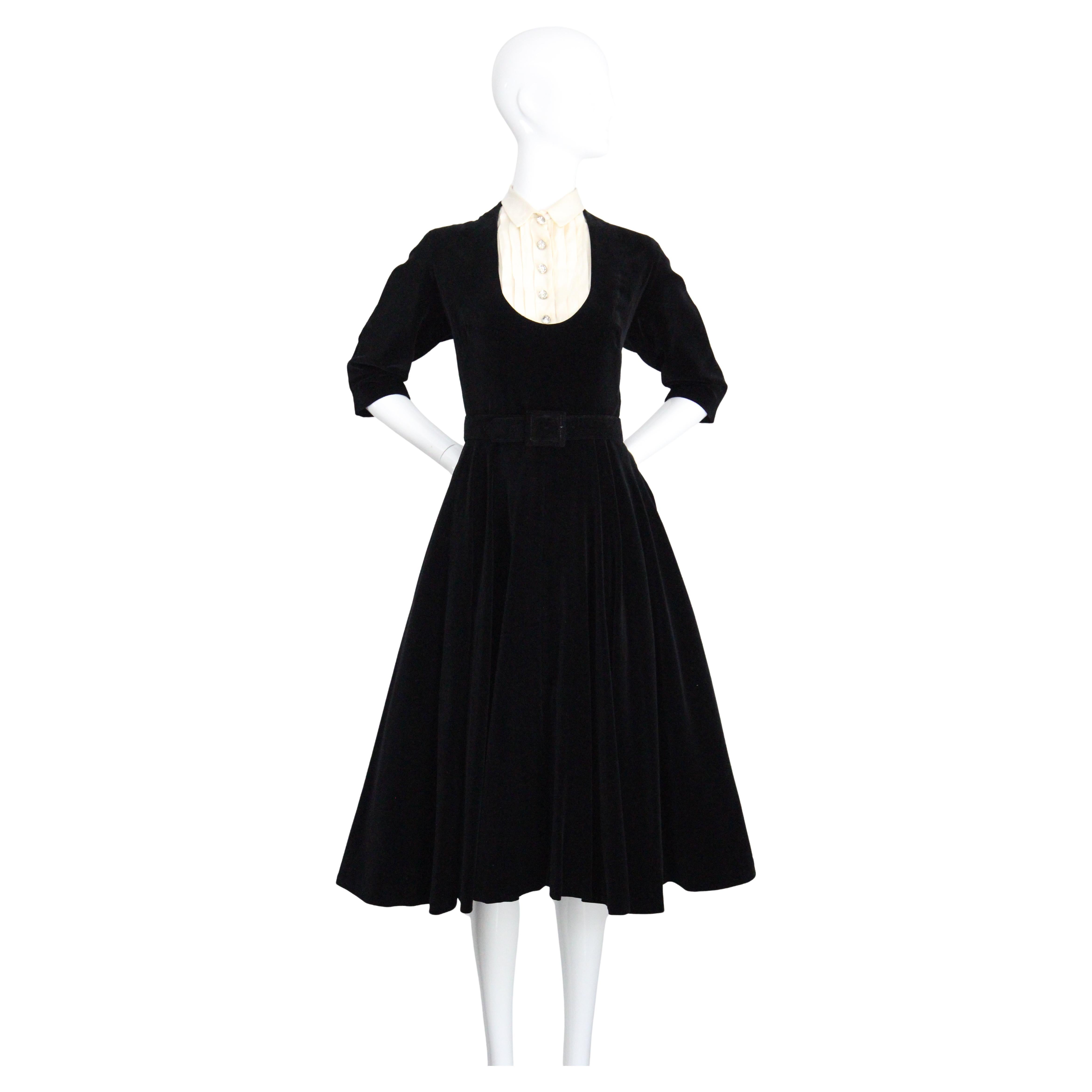 Vintage 1950's Black Velvet Fit and Flare Dress Full Circle Dress UK 8 US 4 For Sale