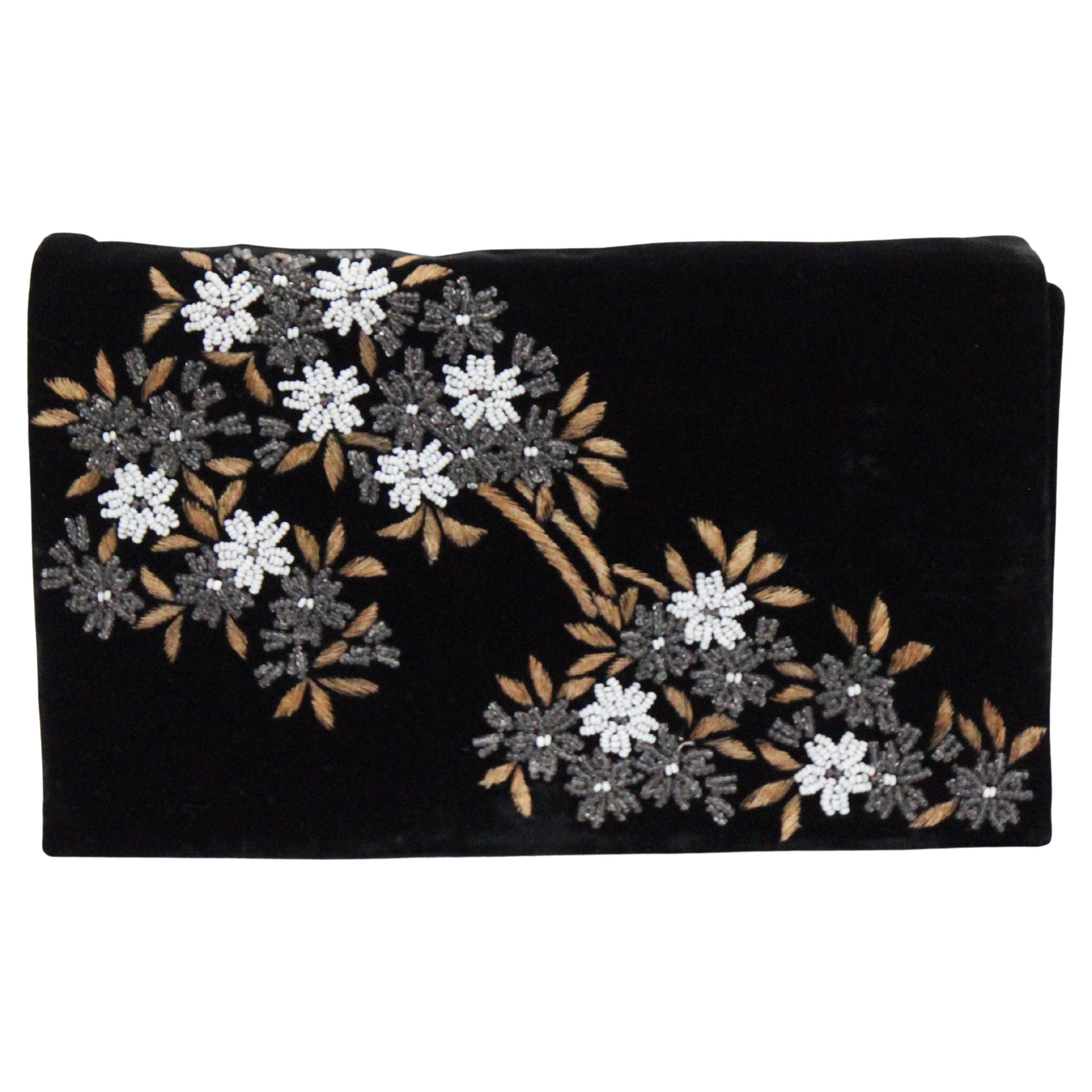 Vintage 1950's Black Velvet Floral Clutch Bag Vintage 1950's Floral Beaded Bag