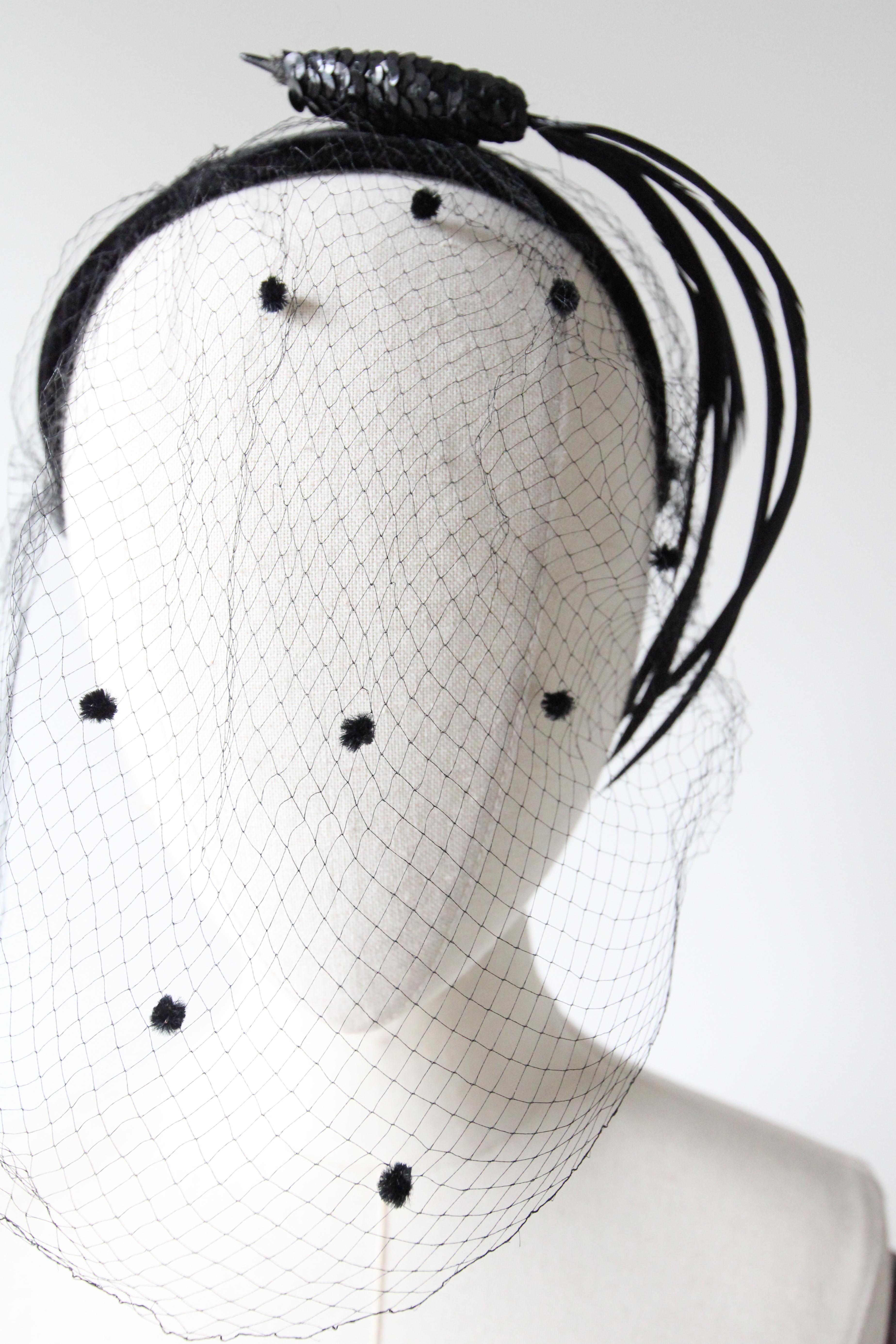 This truly mesmerising 1950's headband, constructed on a plastic hairband base which has been mounted with black velvet, upon which a stylised black sequin and feather bird is perched, is the perfect finish touch to your ensemble. The elegant tail
