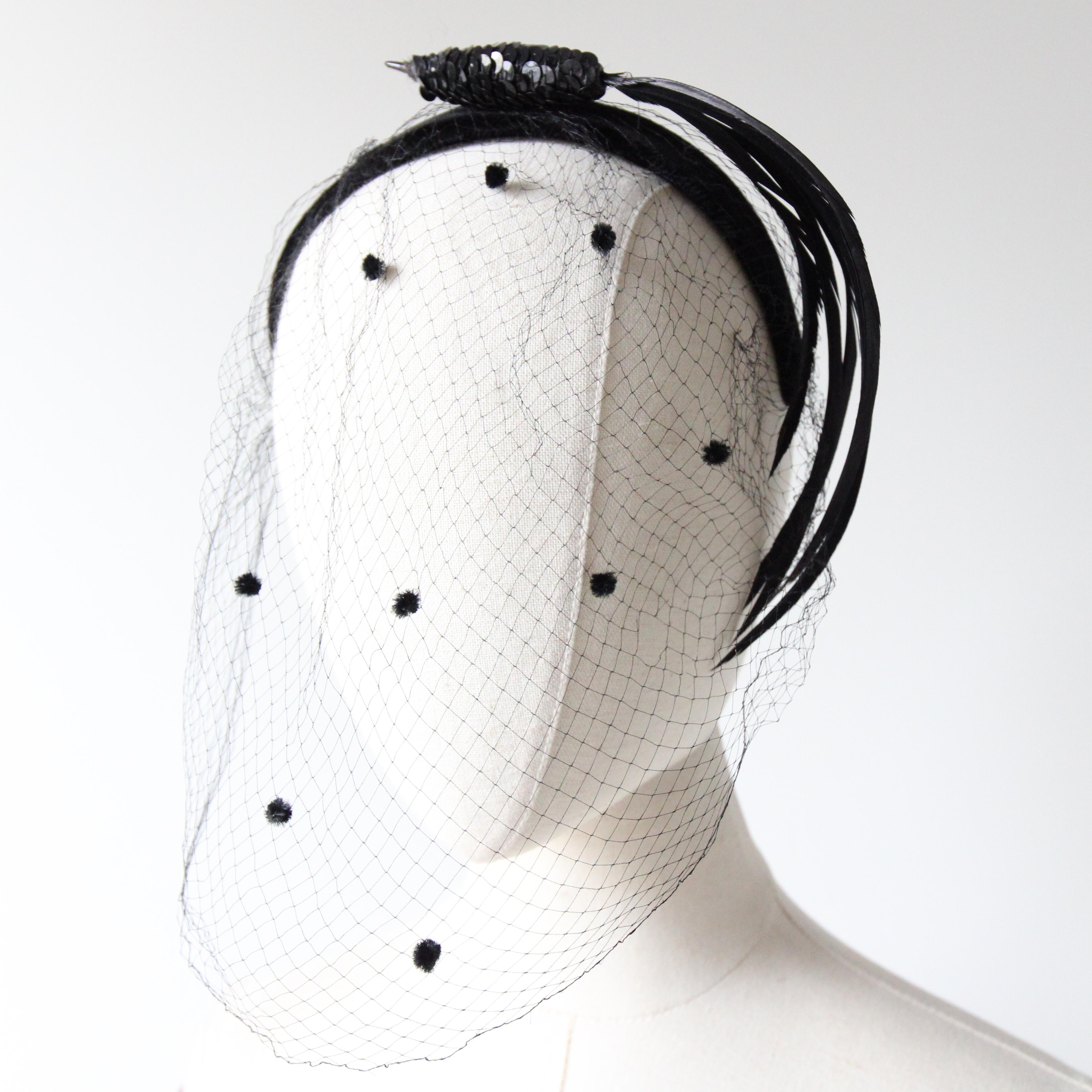 Black Vintage 1950's black velvet netting hairband bird feather hairband fascinator For Sale