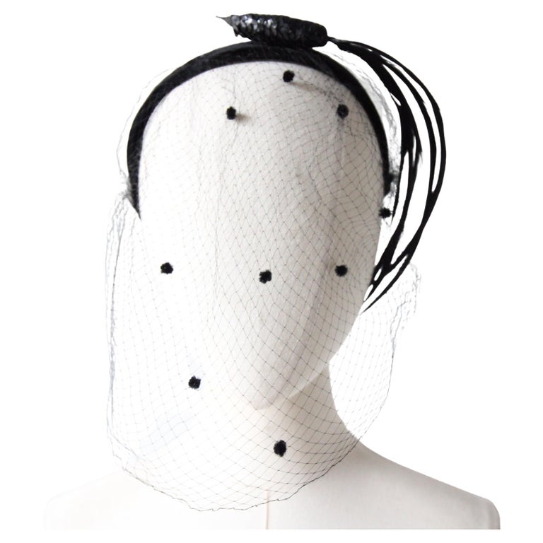 Vintage 1950s Black Veiled Fascinator Velvet Feather Cocktail Hat Black Fascinator Hat Vintage 1940s-50s Fascinator Hat Black  main image 4