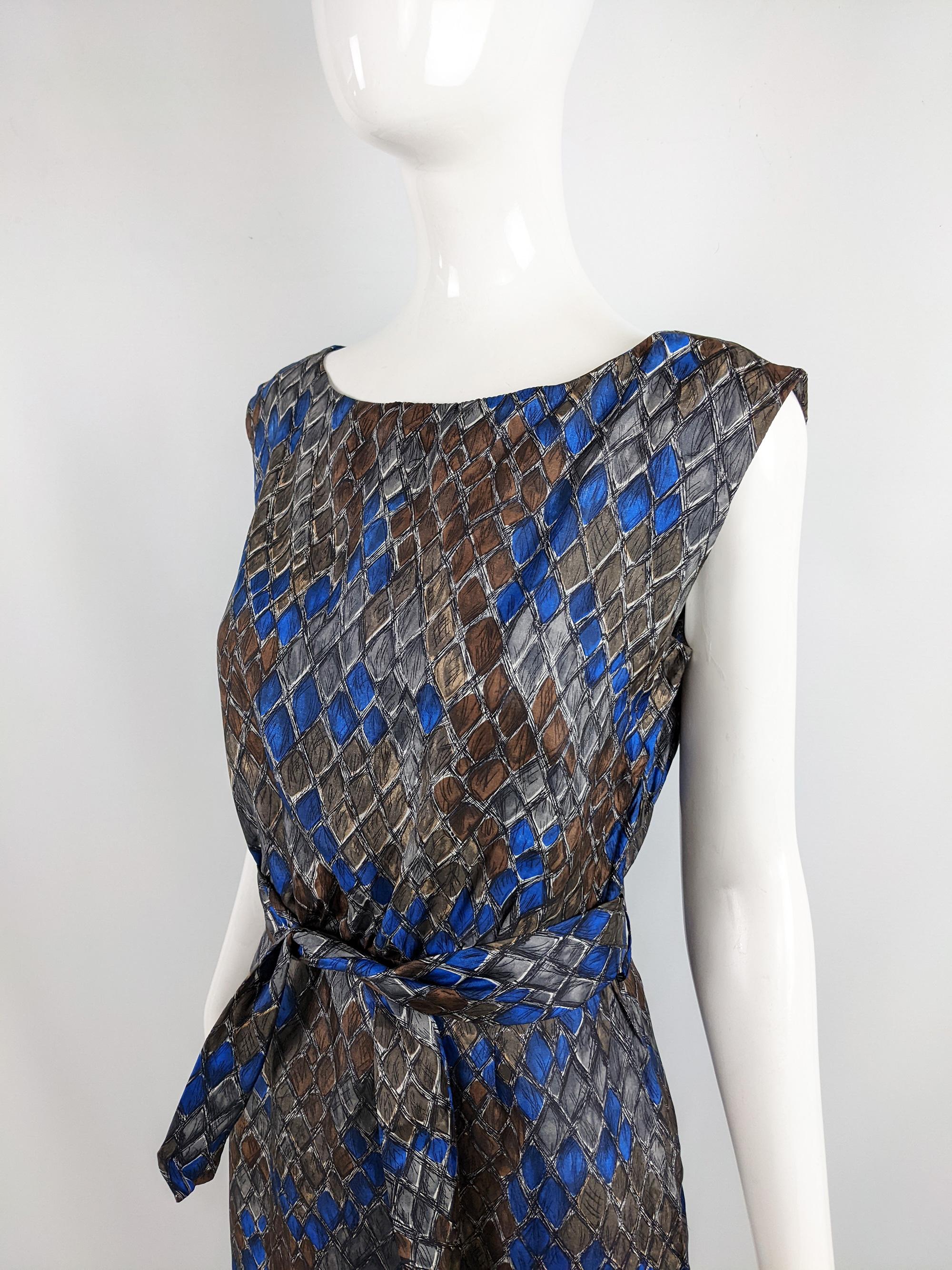 Black Vintage 1950s Blue & Brown Sleeveless Silk Blouson Fit Cocktail Dress For Sale
