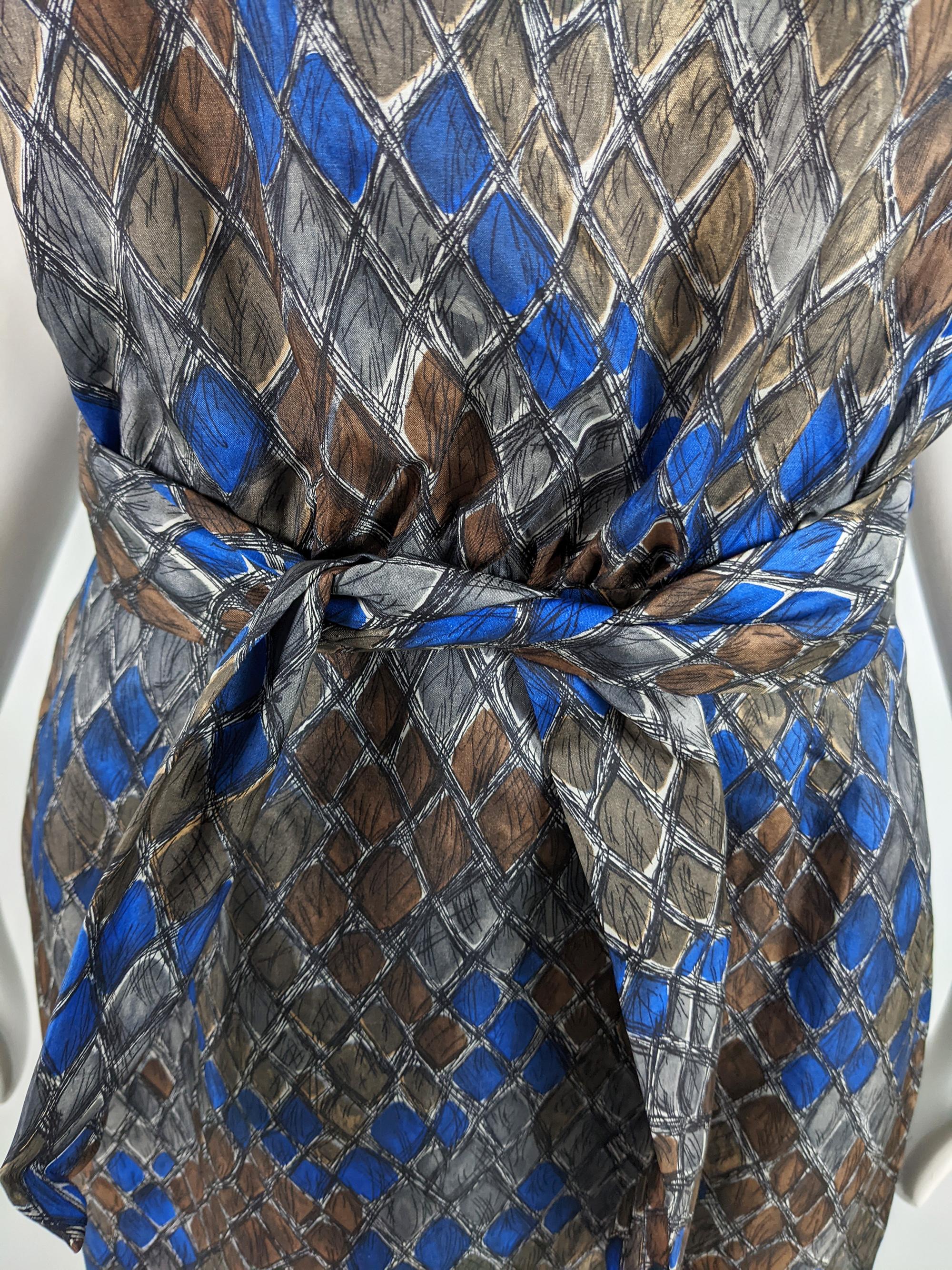 Vintage 1950s Blue & Brown Sleeveless Silk Blouson Fit Cocktail Dress In Good Condition For Sale In Doncaster, South Yorkshire
