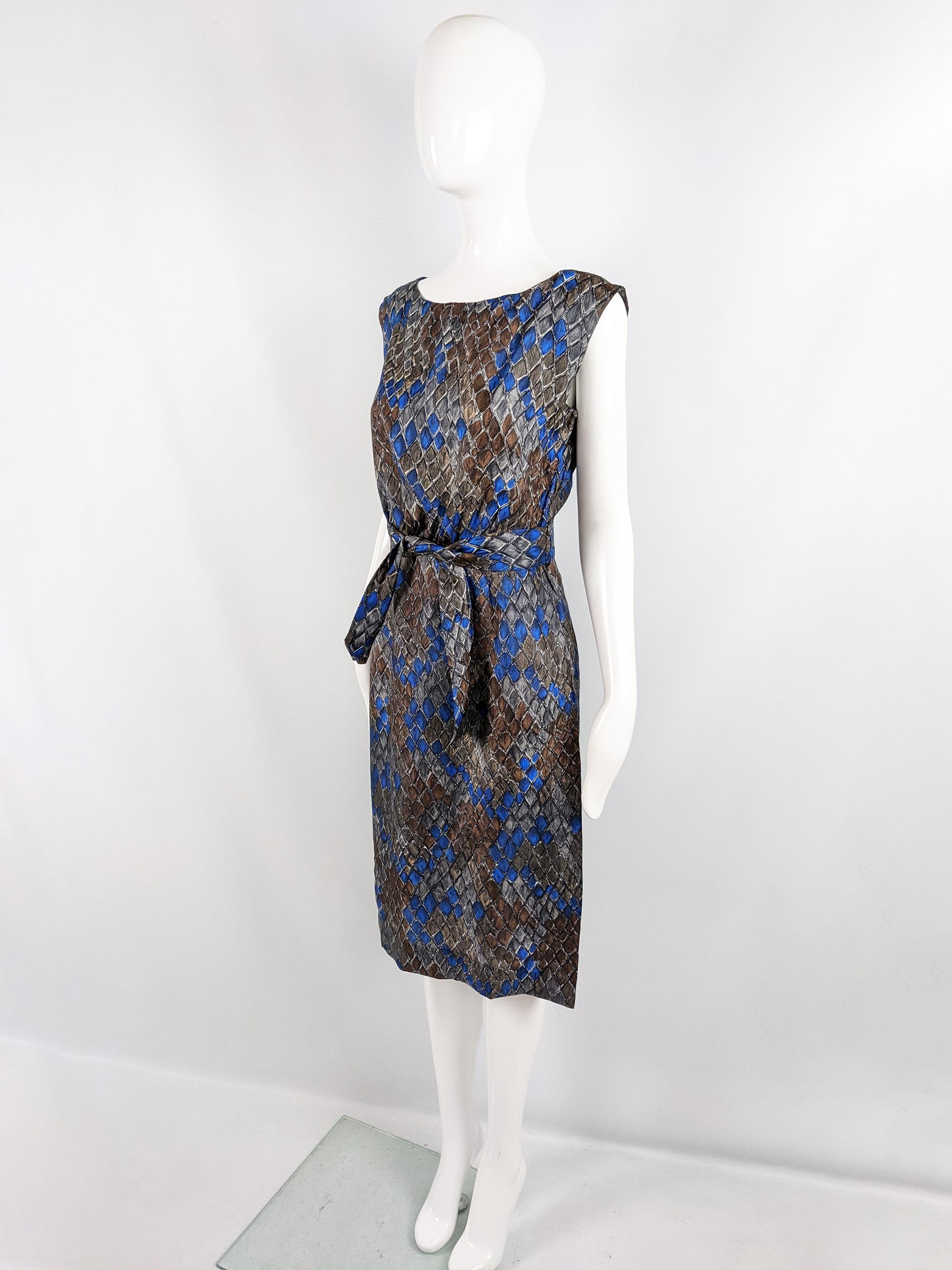 Women's Vintage 1950s Blue & Brown Sleeveless Silk Blouson Fit Cocktail Dress For Sale