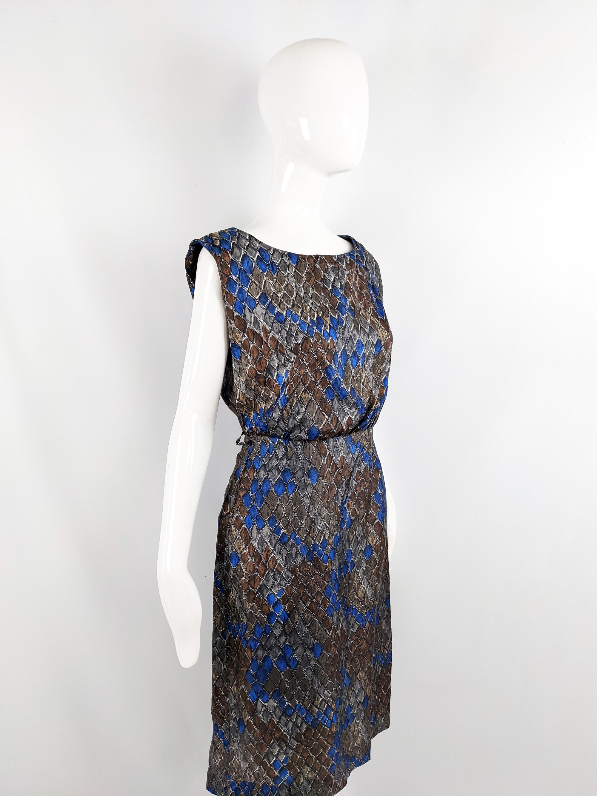 Vintage 1950s Blue & Brown Sleeveless Silk Blouson Fit Cocktail Dress For Sale 1