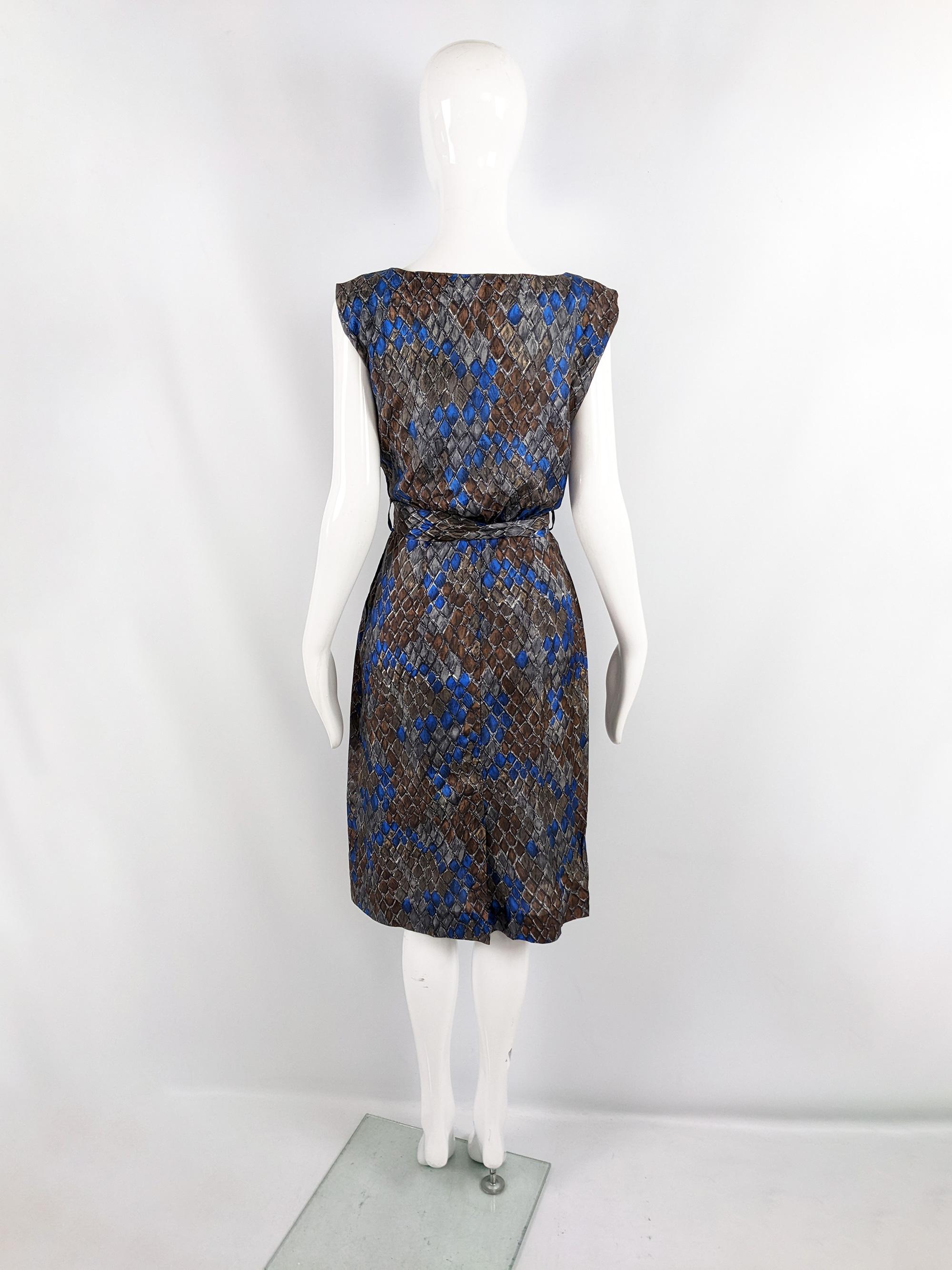 Vintage 1950s Blue & Brown Sleeveless Silk Blouson Fit Cocktail Dress For Sale 2