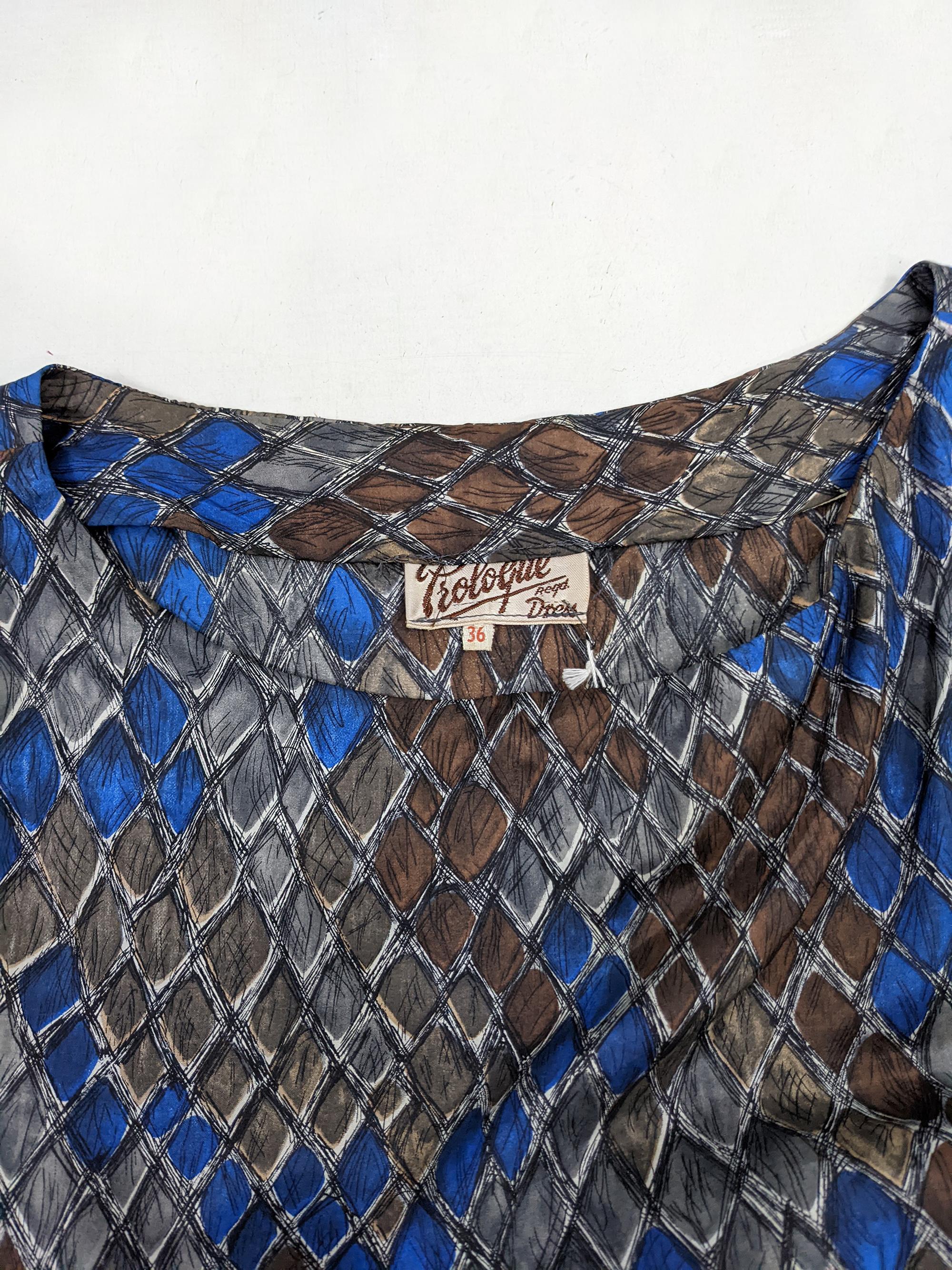 Vintage 1950s Blue & Brown Sleeveless Silk Blouson Fit Cocktail Dress For Sale 3