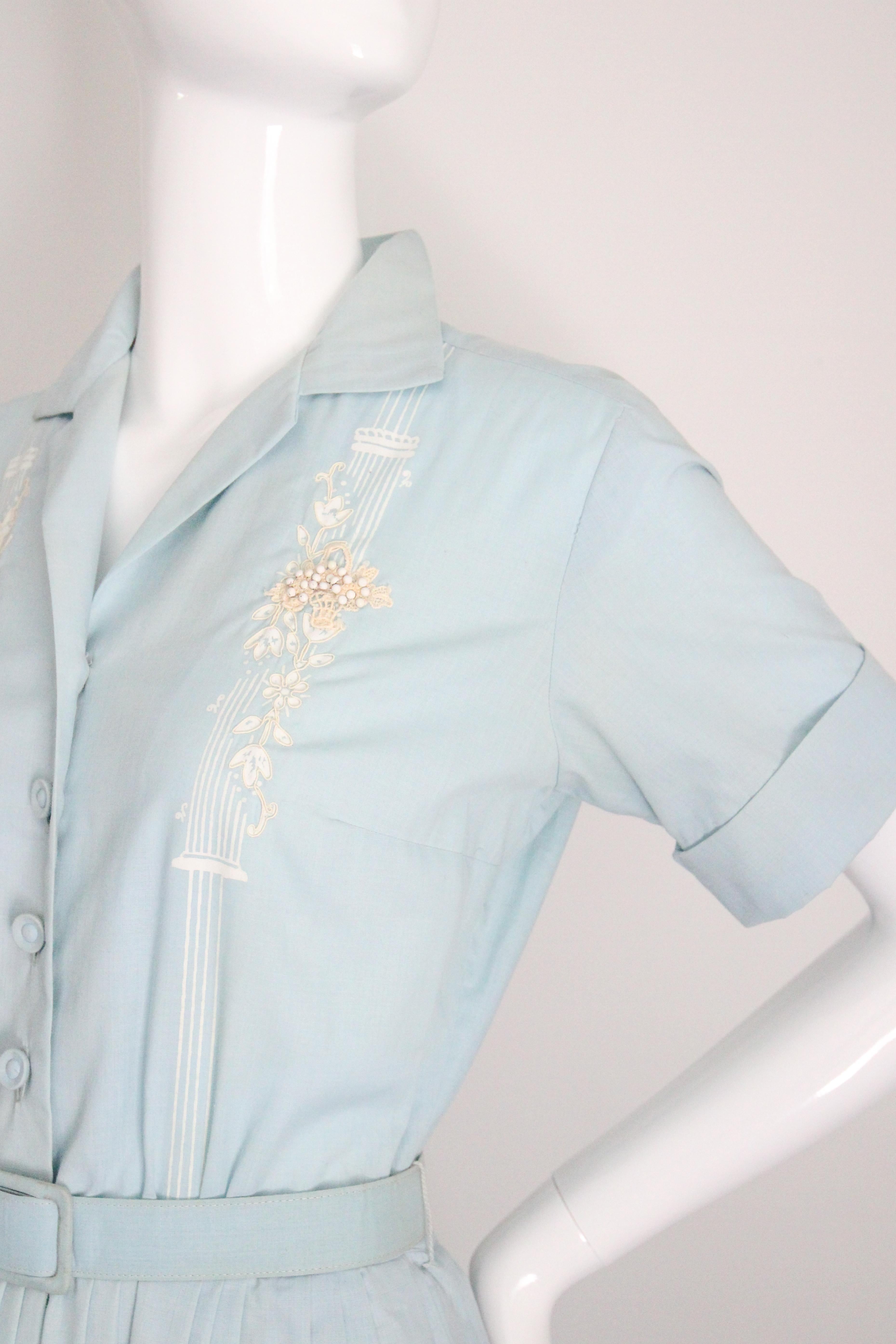 Vintage By 1950 Blue Cotton Shirt-waister Dress 1950's cotton day dress UK 8 US 4 in vendita 6