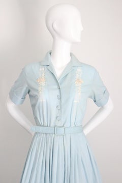 Vintage 1950's Blue Cotton Shirt-waister Dress 1950's cotton day dress UK 8 US 4