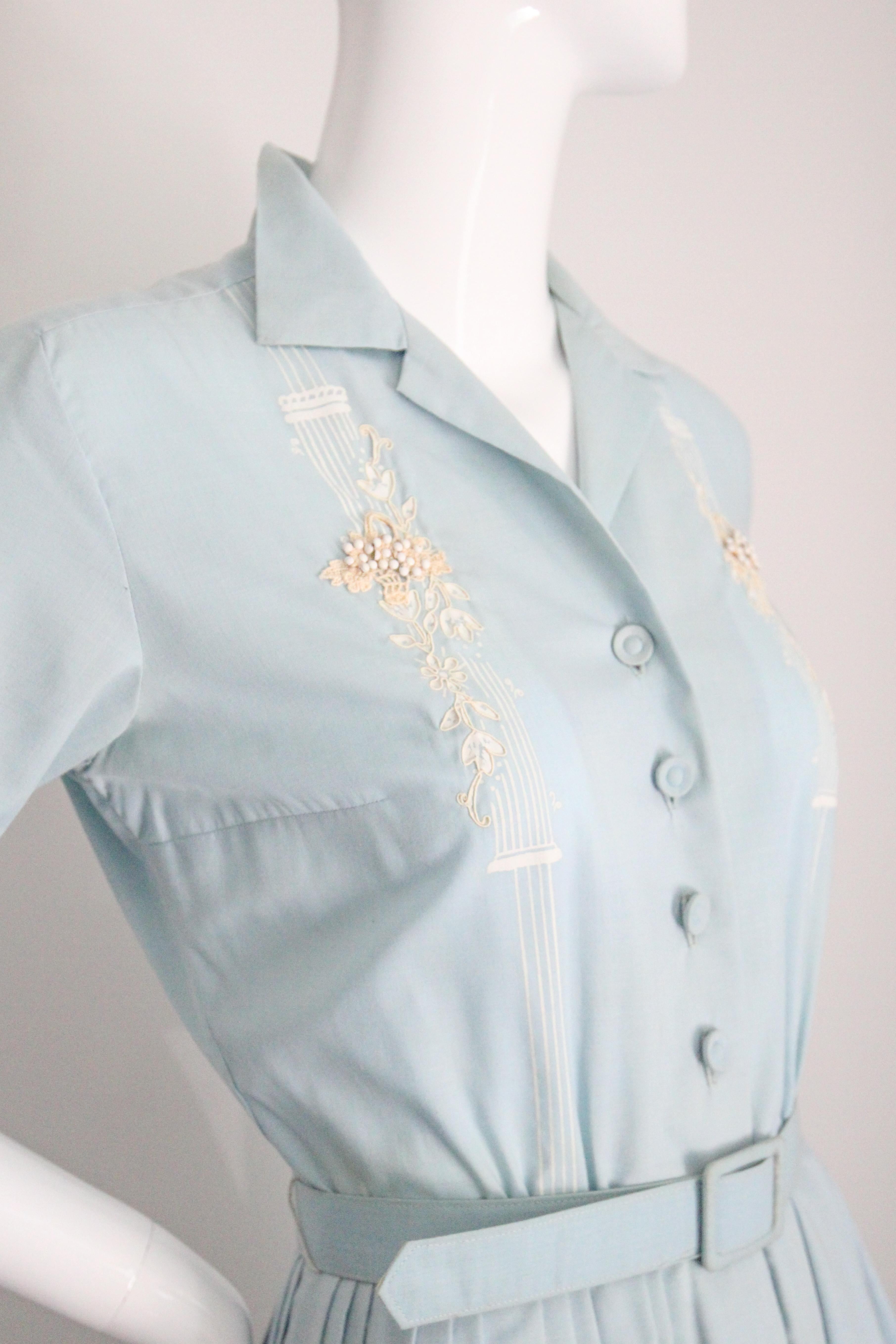 Vintage By 1950 Blue Cotton Shirt-waister Dress 1950's cotton day dress UK 8 US 4 in vendita 3