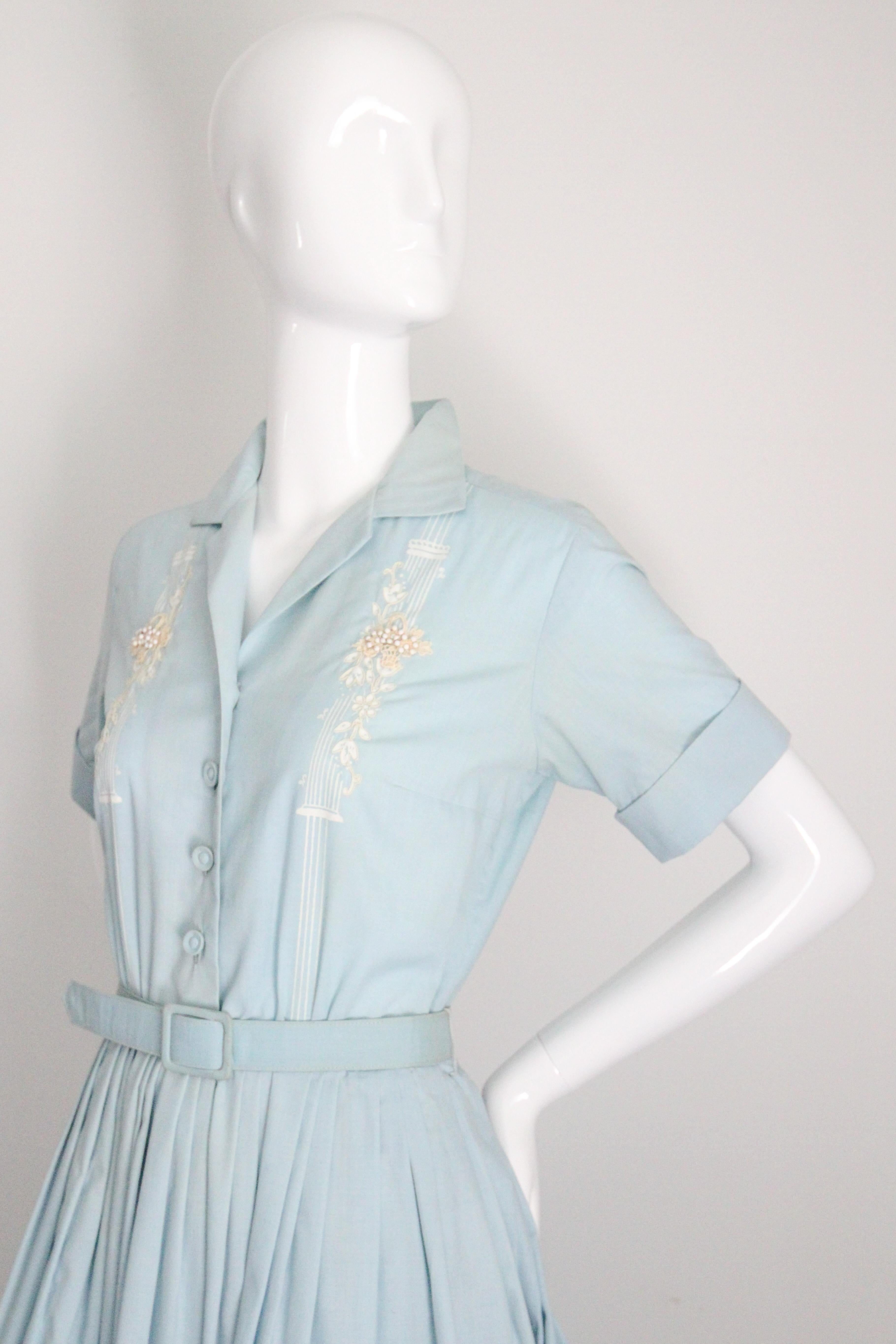 Vintage By 1950 Blue Cotton Shirt-waister Dress 1950's cotton day dress UK 8 US 4 in vendita 5