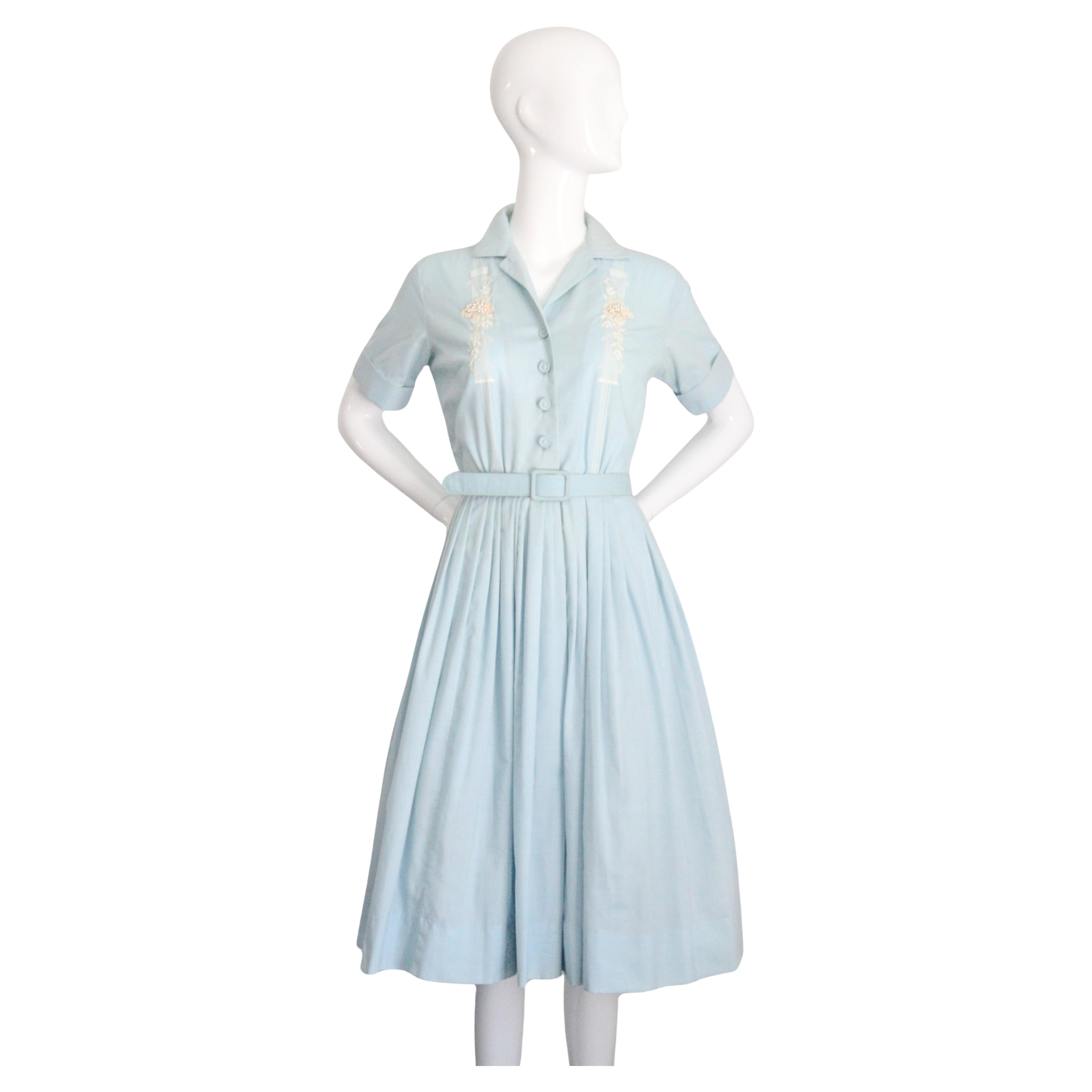 Vintage By 1950 Blue Cotton Shirt-waister Dress 1950's cotton day dress UK 8 US 4 in vendita