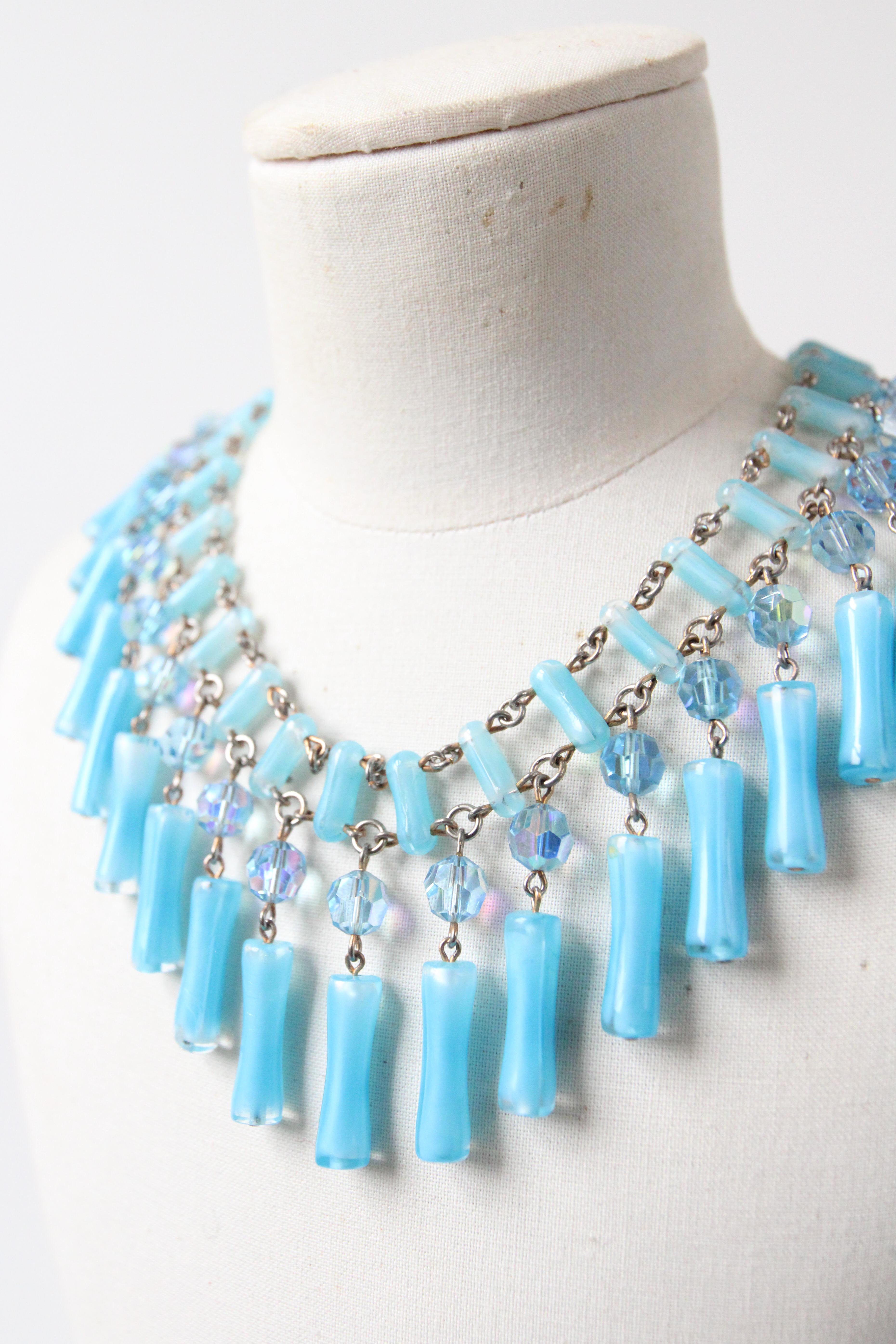 Art Deco Vintage 1950s Blue Glass Statement Beaded Necklace 1950's Glass Necklace For Sale