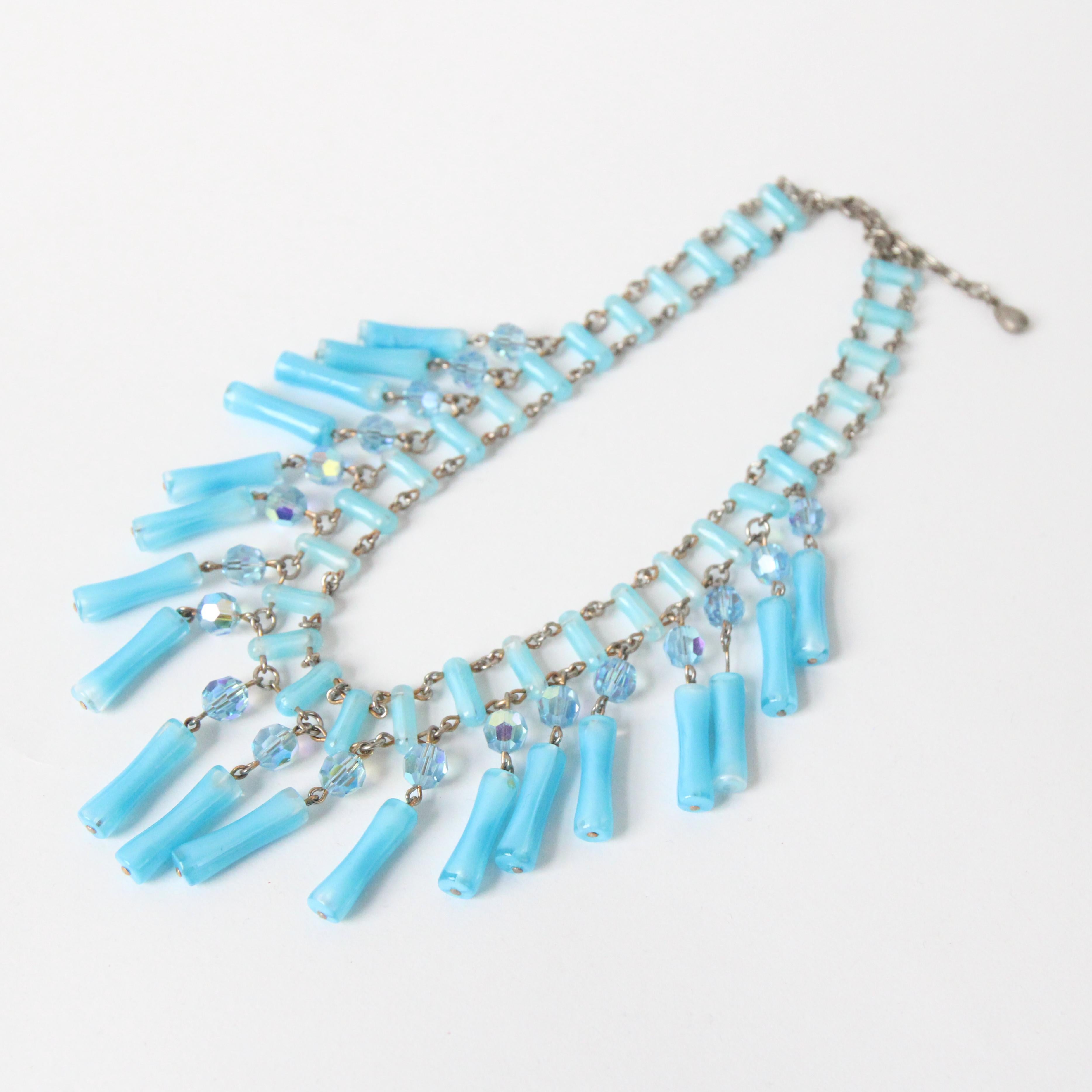 Women's or Men's Vintage 1950s Blue Glass Statement Beaded Necklace 1950's Glass Necklace For Sale