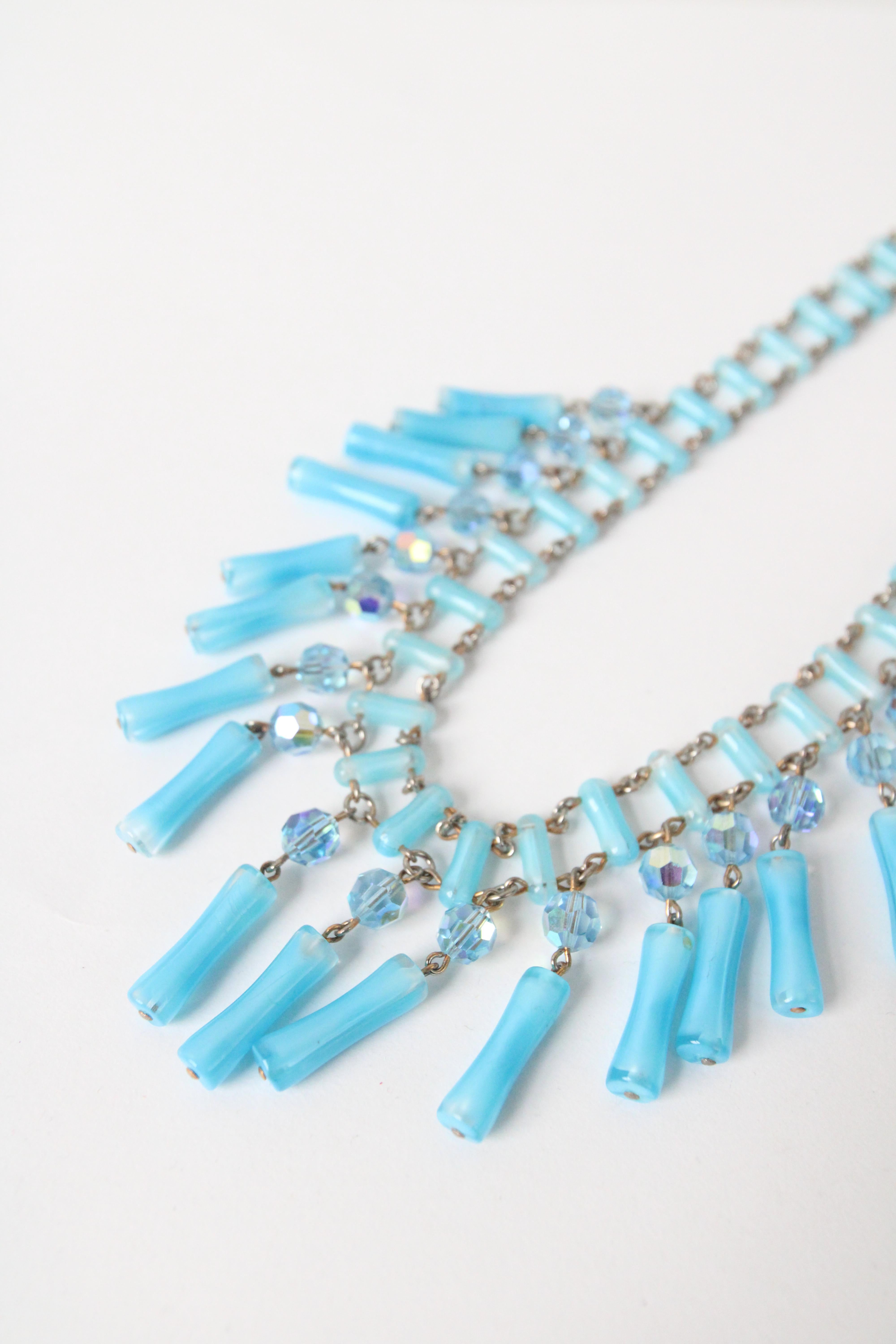 Vintage 1950s Blue Glass Statement Beaded Necklace 1950's Glass Necklace For Sale 1