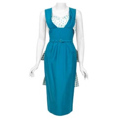 Vintage 1950's Blue Polka-Dot Cotton Pique Shelf-Bust Fishtail Wiggle Sun Dress 