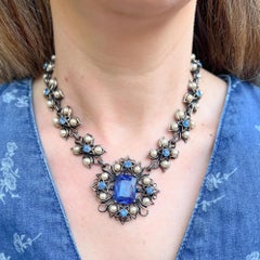 Vintage 1950s Blue Rhinestone and Faux Pearl Floral Necklace