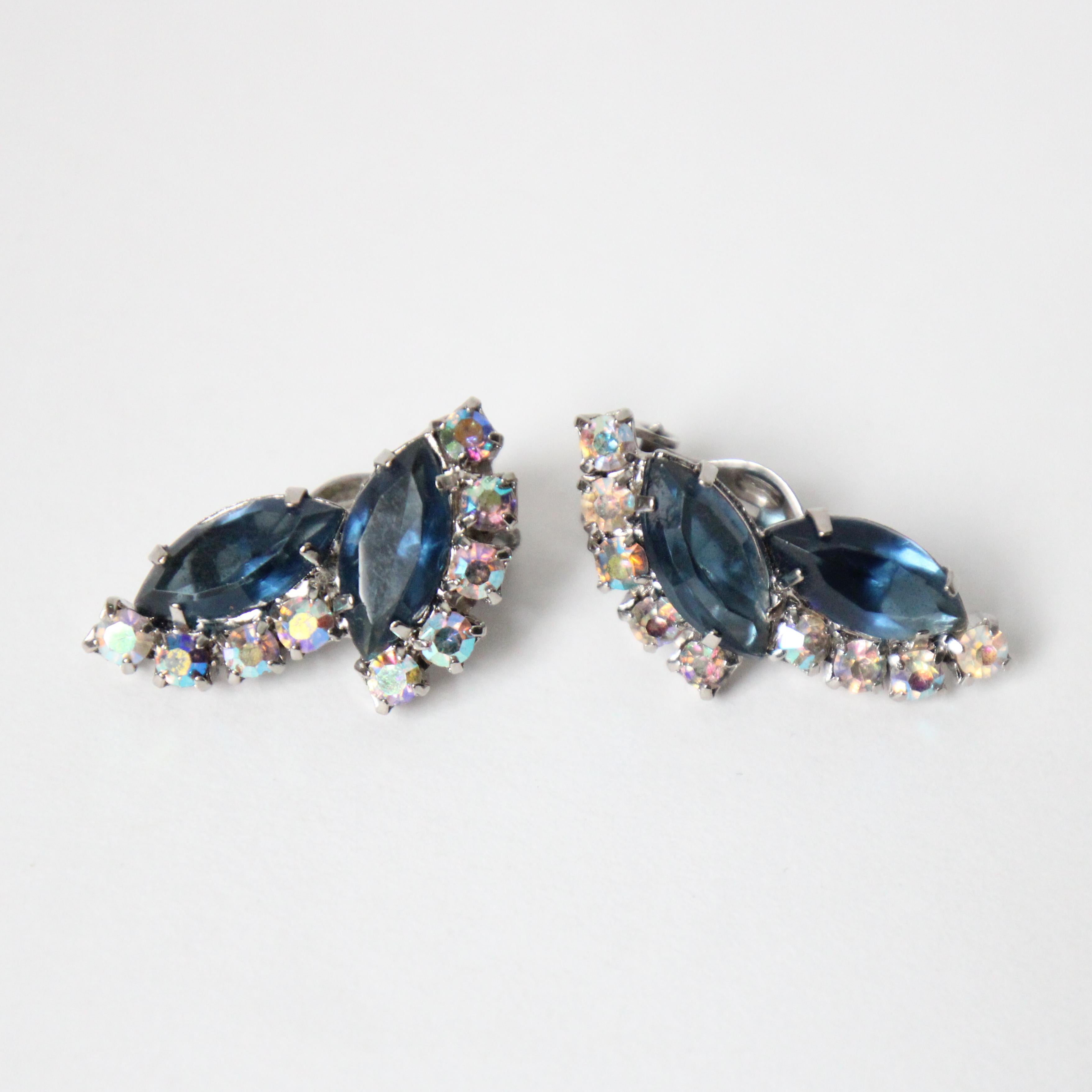 Art Deco Vintage 1950's Blue Rhinestone Clip on Earrings Climber clip on earrings For Sale