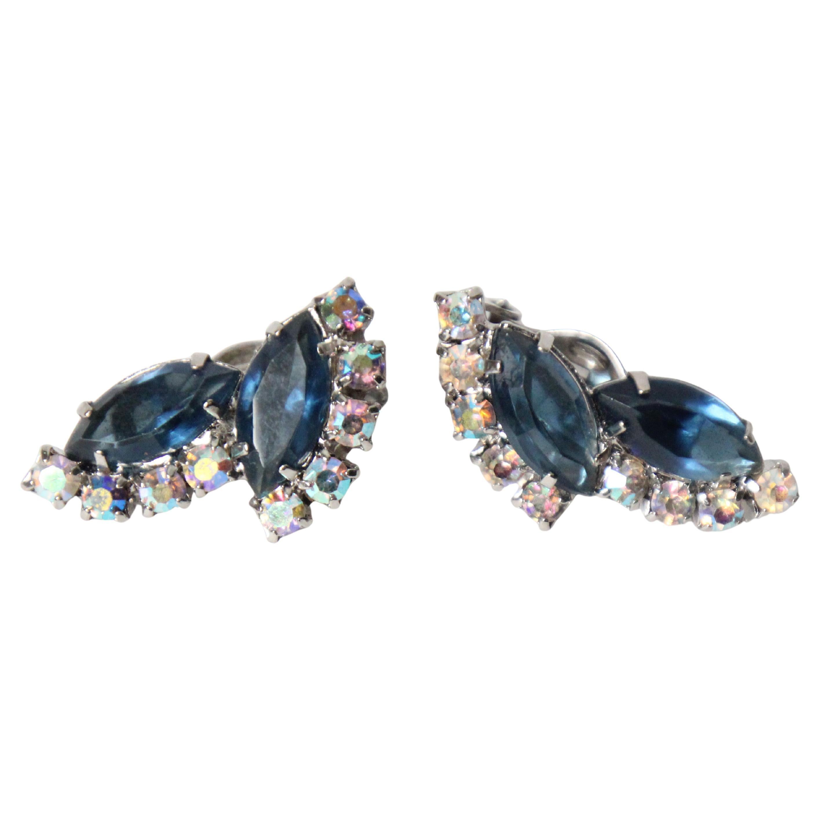 Vintage 1950's Blue Rhinestone Clip auf Ohrringe Climber Clip auf Ohrringe