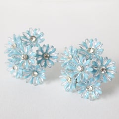 Vintage 1950's Blue Rhinestone Daisy Clip on earrings midcentury daisy earrings