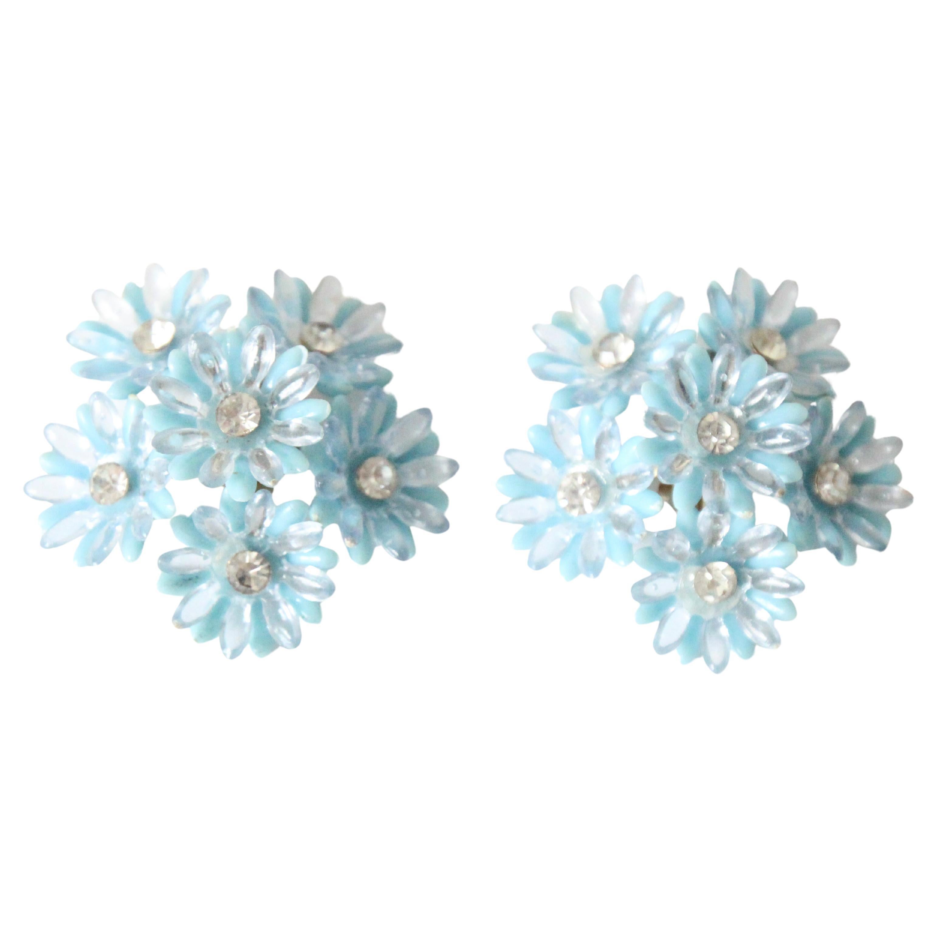 Vintage 1950's Blue Rhinestone Daisy Clip on earrings midcentury daisy earrings For Sale
