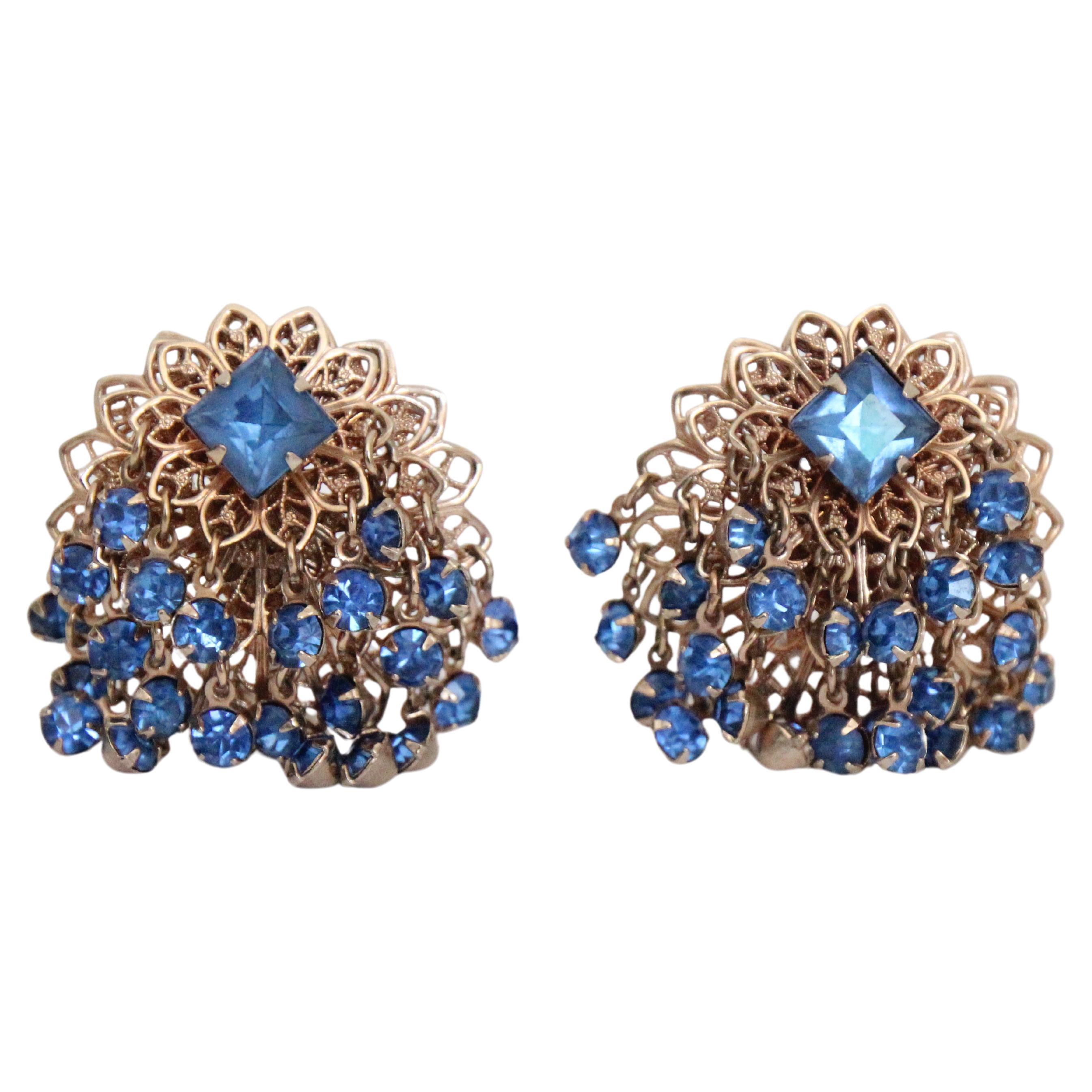 Vintage 1950s bleu strass floral starburst earrings droplet clip ons earring