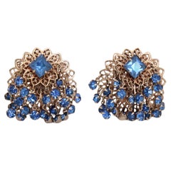 Vintage 1950er Jahre Blauer Strass floraler Sternschliff Ohrringe Tropfen Clip-Ohrring