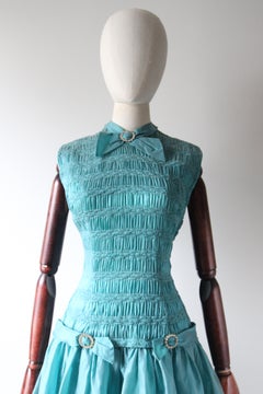 Vintage 1950's blue silk organza rhinestone dress smocking pleated UK 10-12 US 6