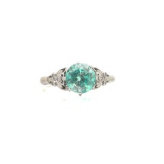 Vintage 1950s Blue Zircon and Diamond Ring, 18KT White Gold