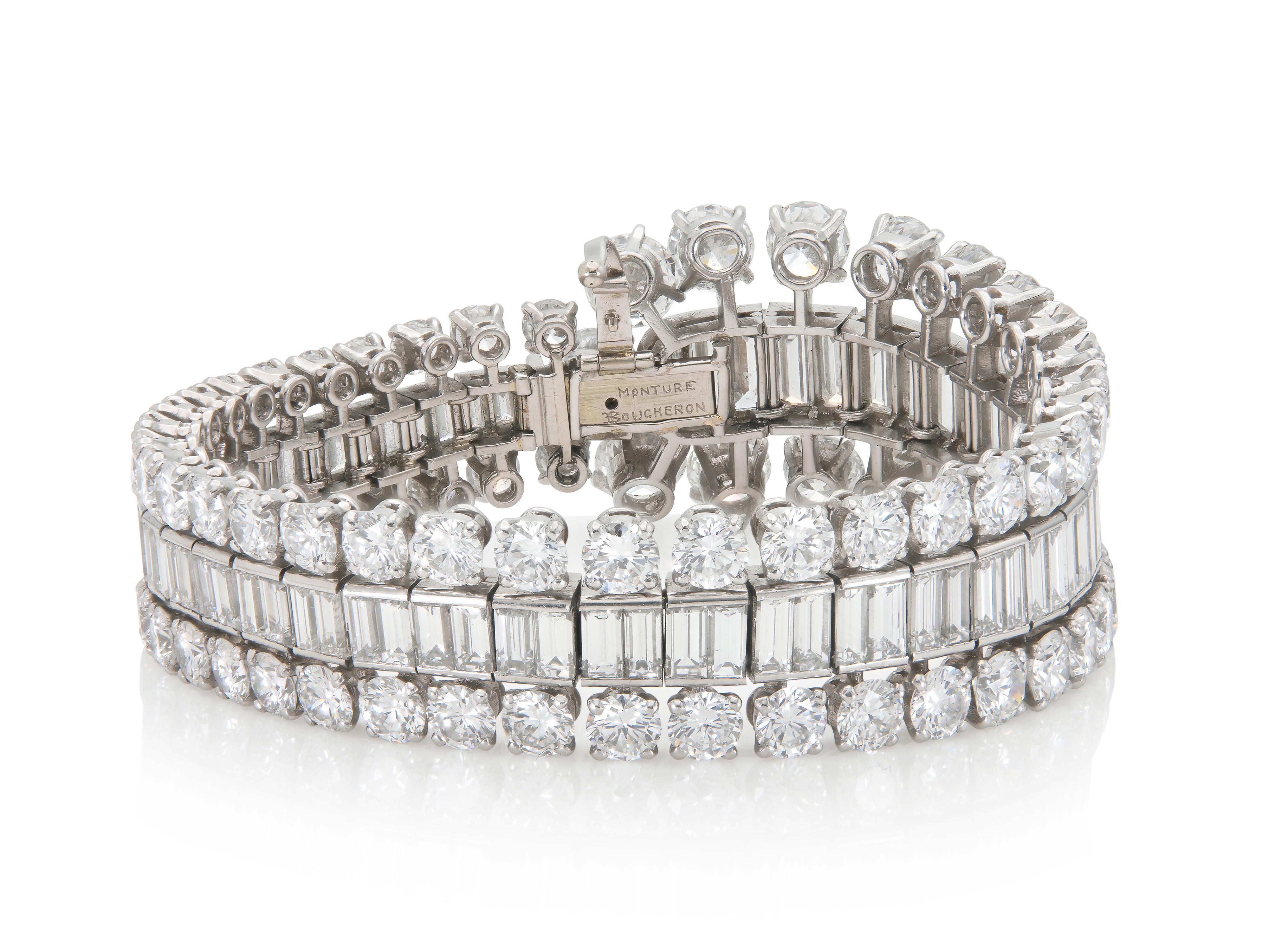 Vintage 1950s Boucheron 57.00 Carat Round and Baguette Diamonds Bracelet Bon état - En vente à New York, NY