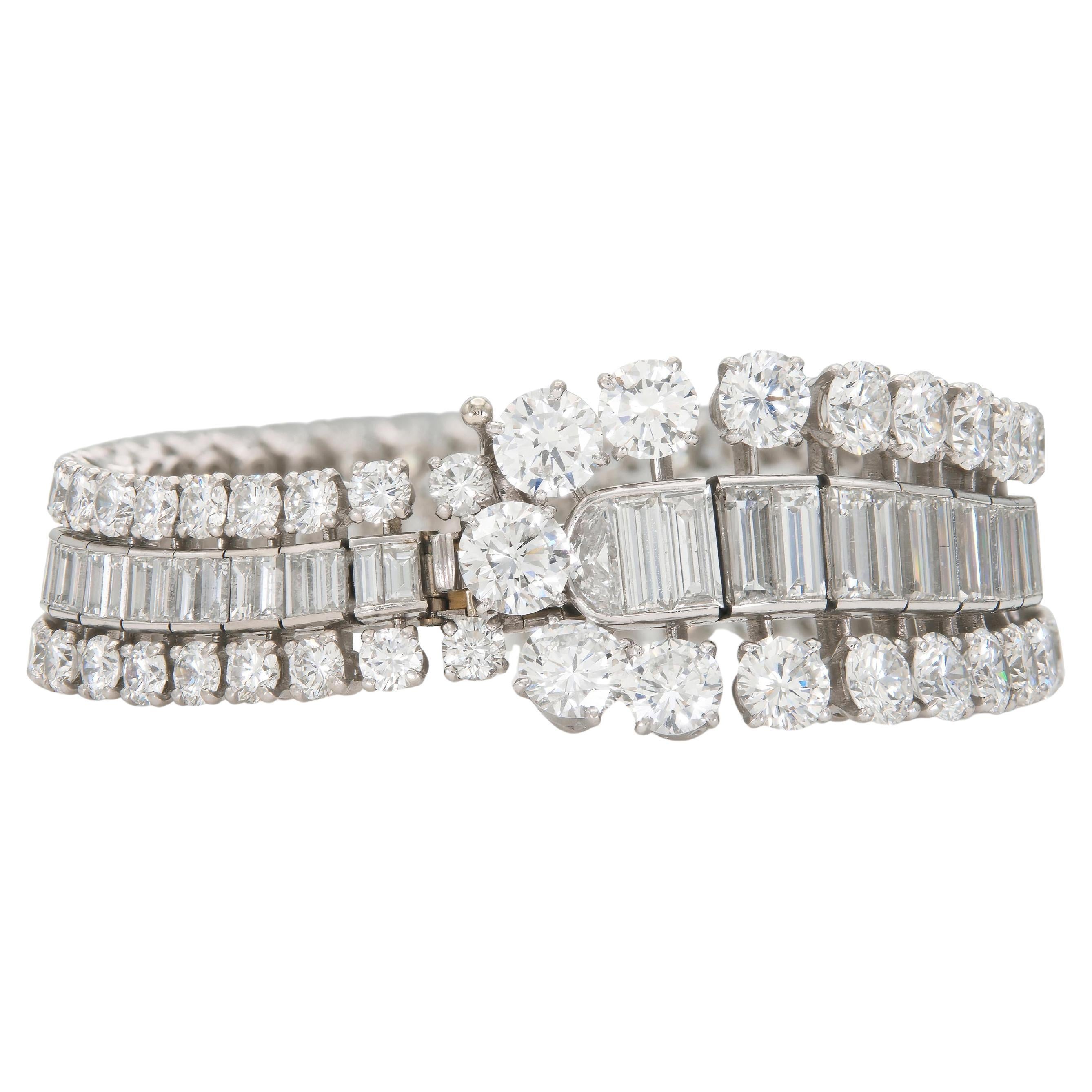 Vintage 1950s Boucheron 57.00 Carat Round and Baguette Diamonds Bracelet