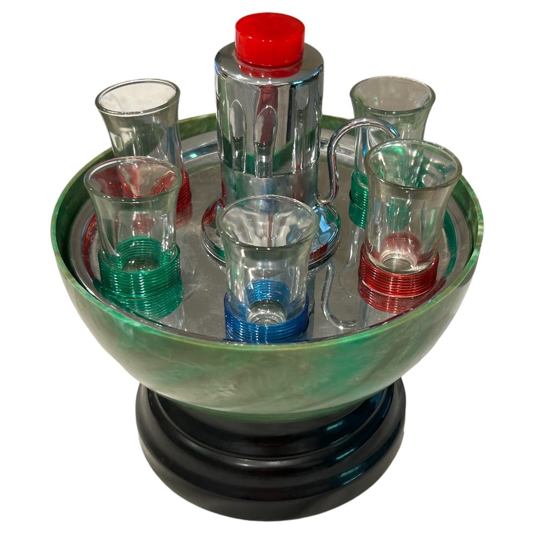Vintage 1950’s Bowling Ball Cocktail Decanter with 6 Shot Glass Bar Set In Good Condition In Naples, FL