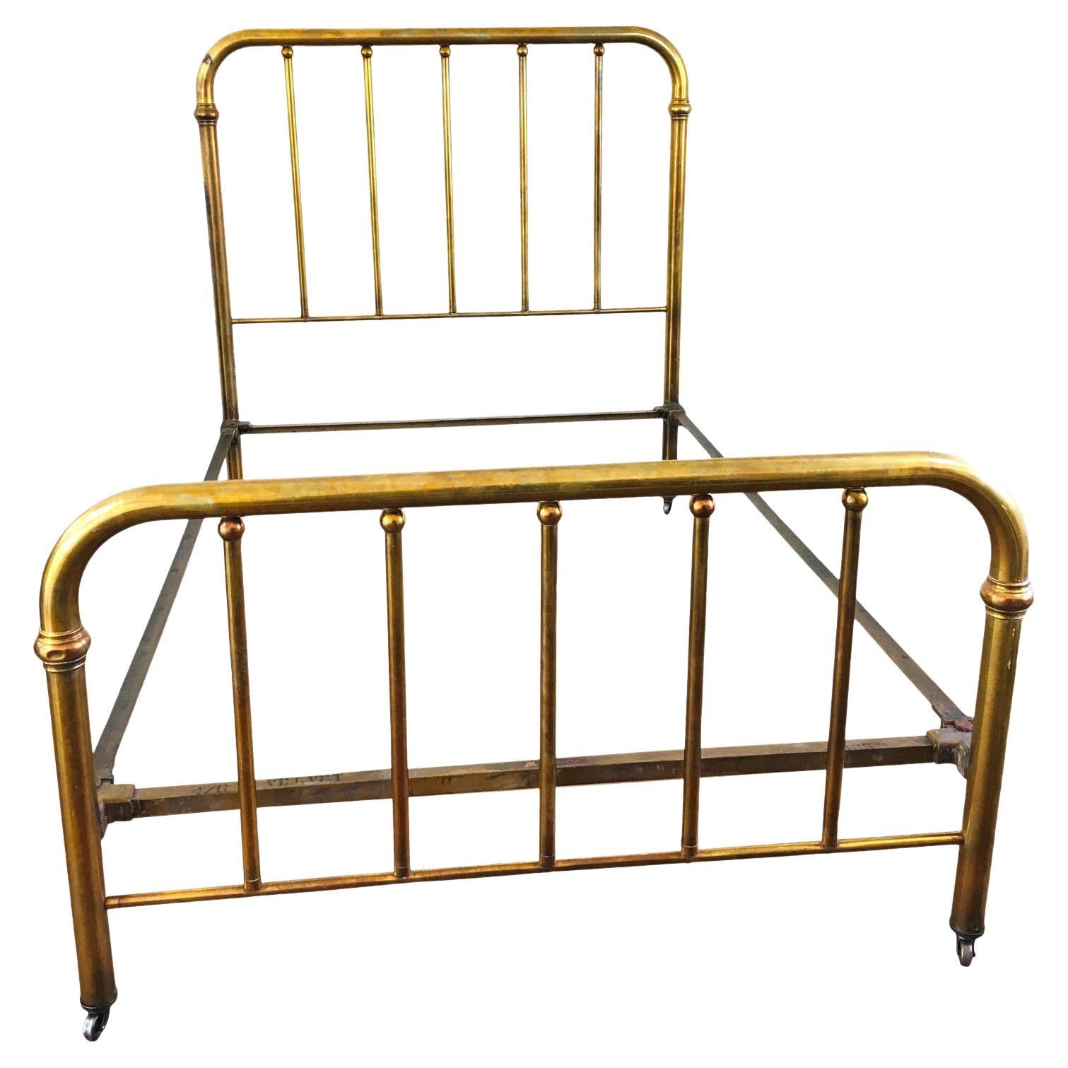 French Bed Frame of Polished Brass with Large Headboard, circa 1900 For