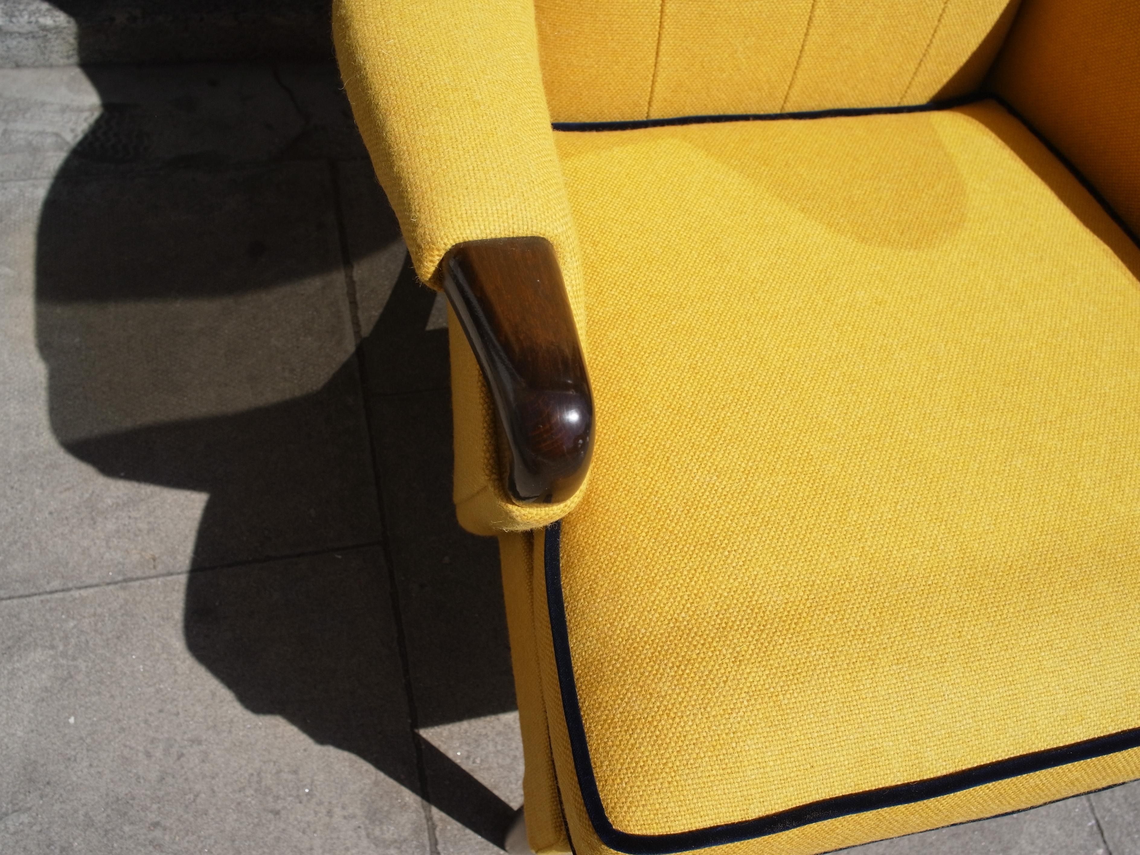 Upholstery Vintage 1950s British wingback armchair upholstered in quality  yellow textile For Sale