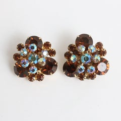 Vintage 1950's Bronze rhinestone iridescent rhinestone clip on earrings
