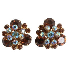 Vintage 1950's Bronze rhinestone iridescent rhinestone clip on earrings