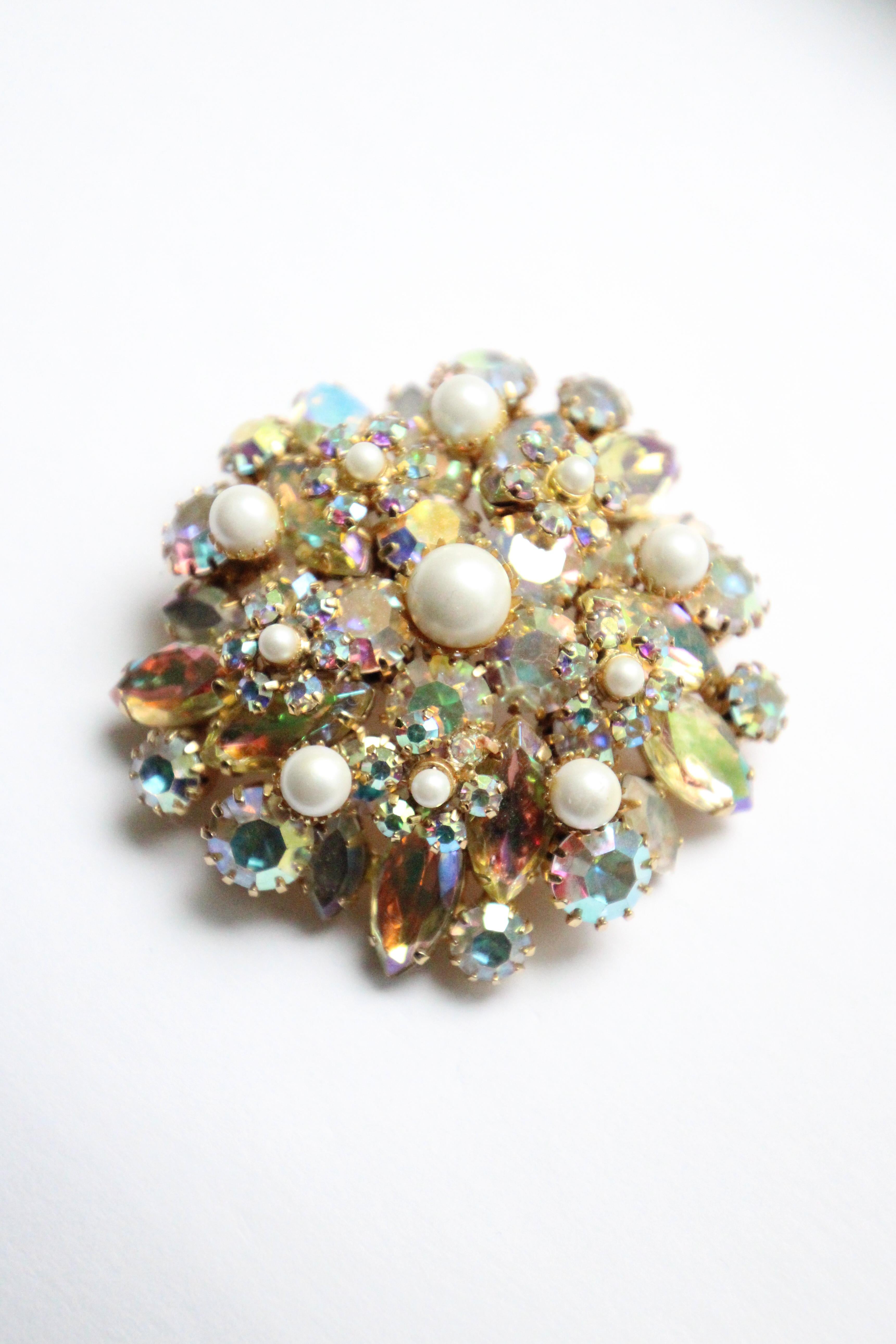 Art Deco Vintage 1950's Brooch iridescent glass rhinestone and pearl floral brooch pin For Sale