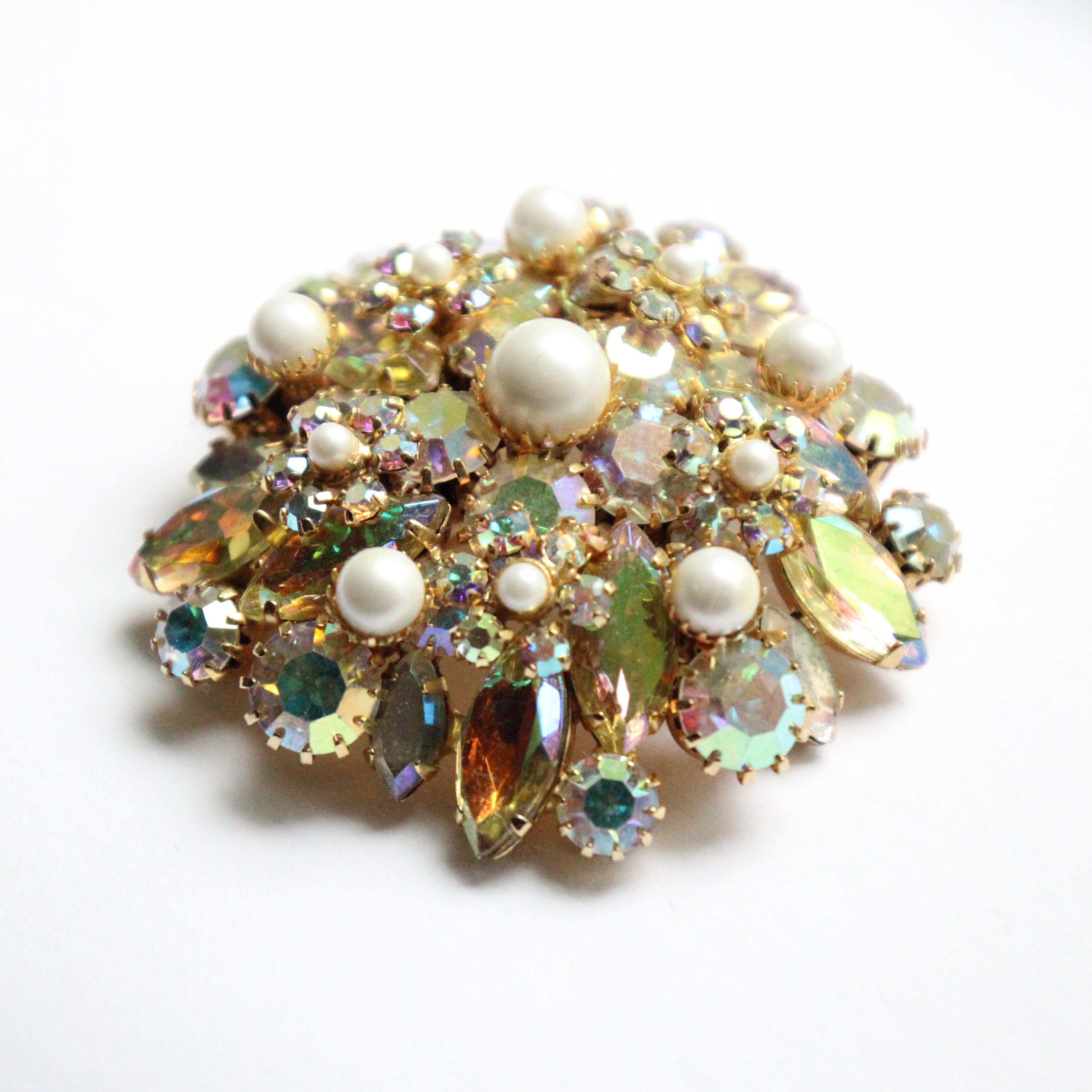 Bead Vintage 1950's Brooch iridescent glass rhinestone and pearl floral brooch pin For Sale