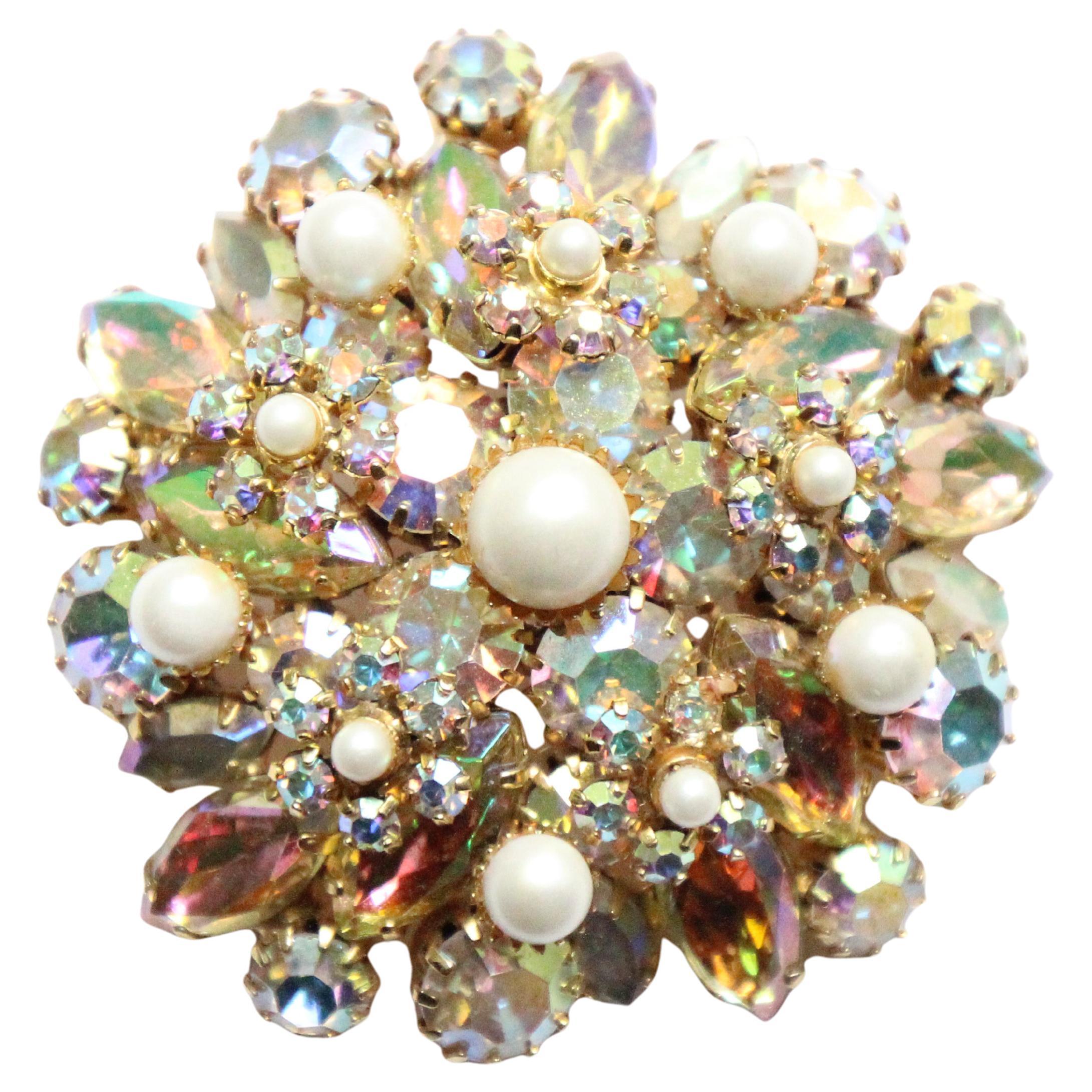 Vintage 1950's Brooch iridescent glass rhinestone and pearl floral brooch pin For Sale