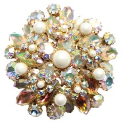 Vintage 1950's Brooch iridescent glass rhinestone and pearl floral brooch pin