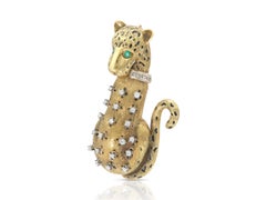 Vintage 1950s Brown Enamel Leopard with Diamonds and Emeralds