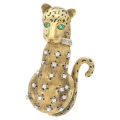 Vintage 1950s Brown Enamel Leopard with Diamonds and Emeralds
