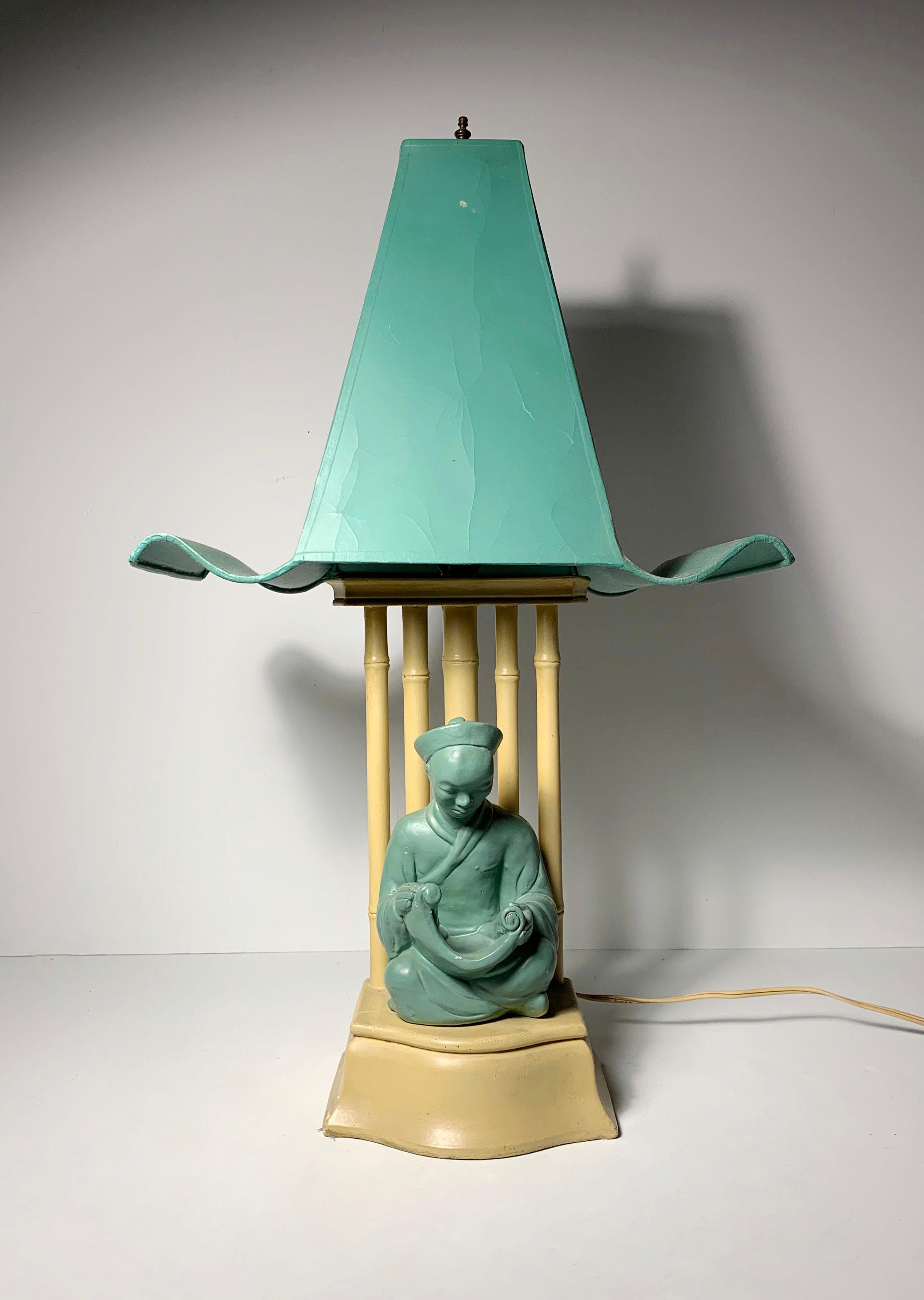 Vintage 1950s Buddha Style Lamp. Style of James Mont.
Dimensions are with the shade assembled.
 