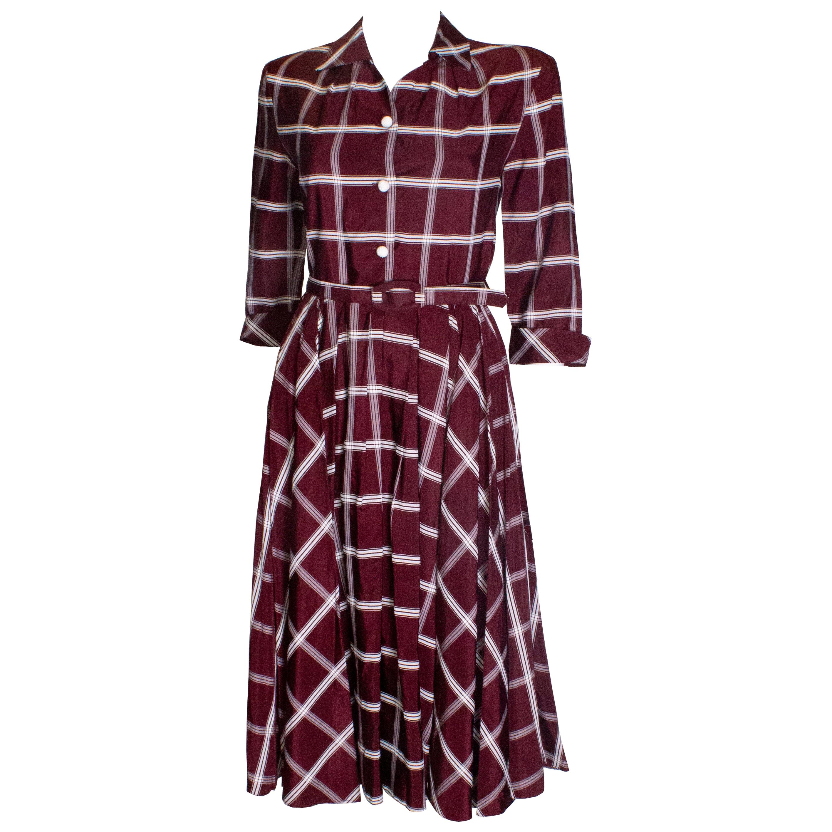 Vintage 1950s Burgundy and White Shirt Dress For Sale