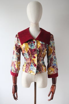 Vintage 1950's burgundy velvet floral lamé silk brocade jacket 1950's UK !2 US 8