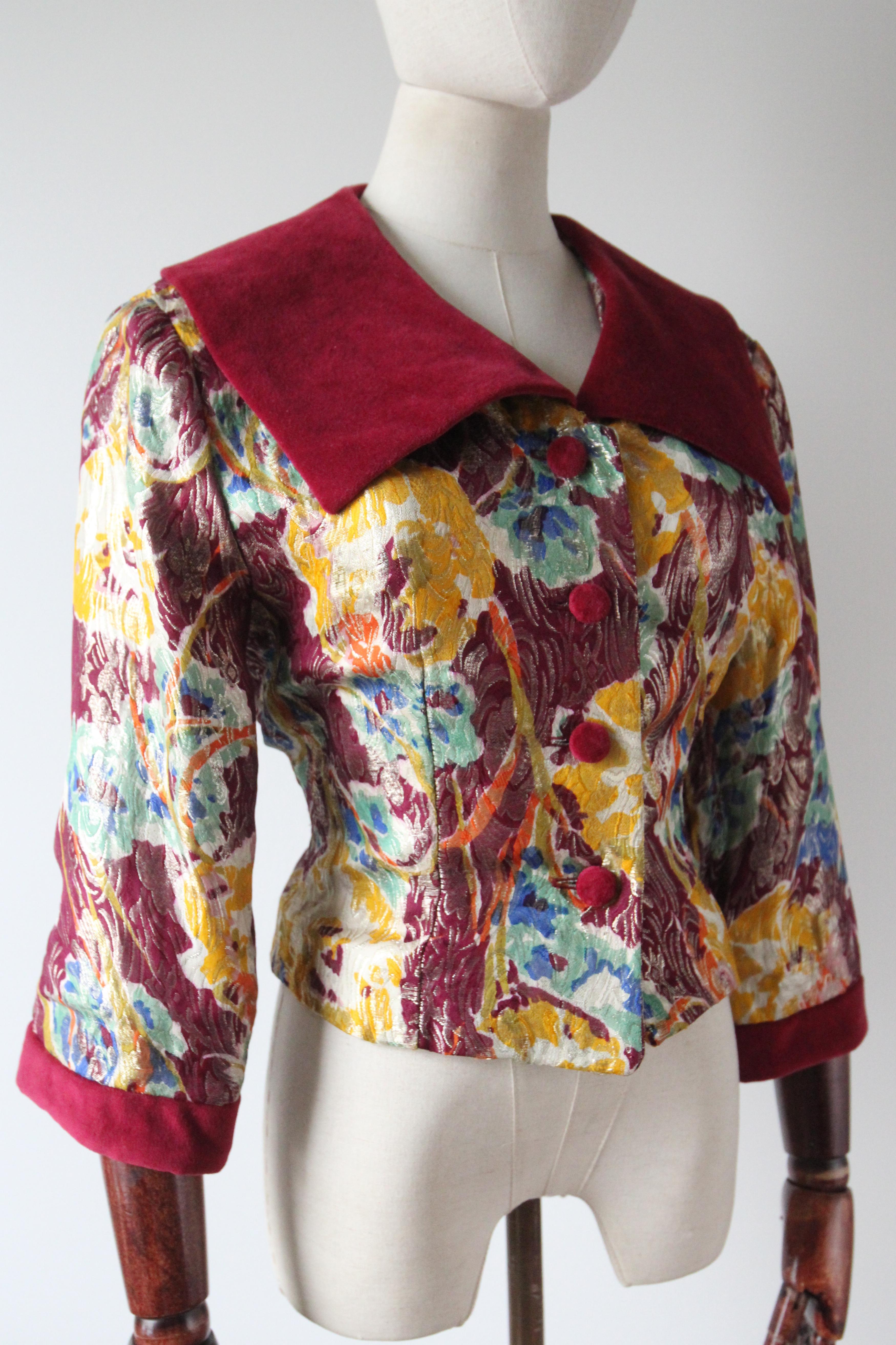 Women's Vintage 1950's burgundy velvet floral lamé silk brocade jacket 1950's UK !2 US 8 For Sale