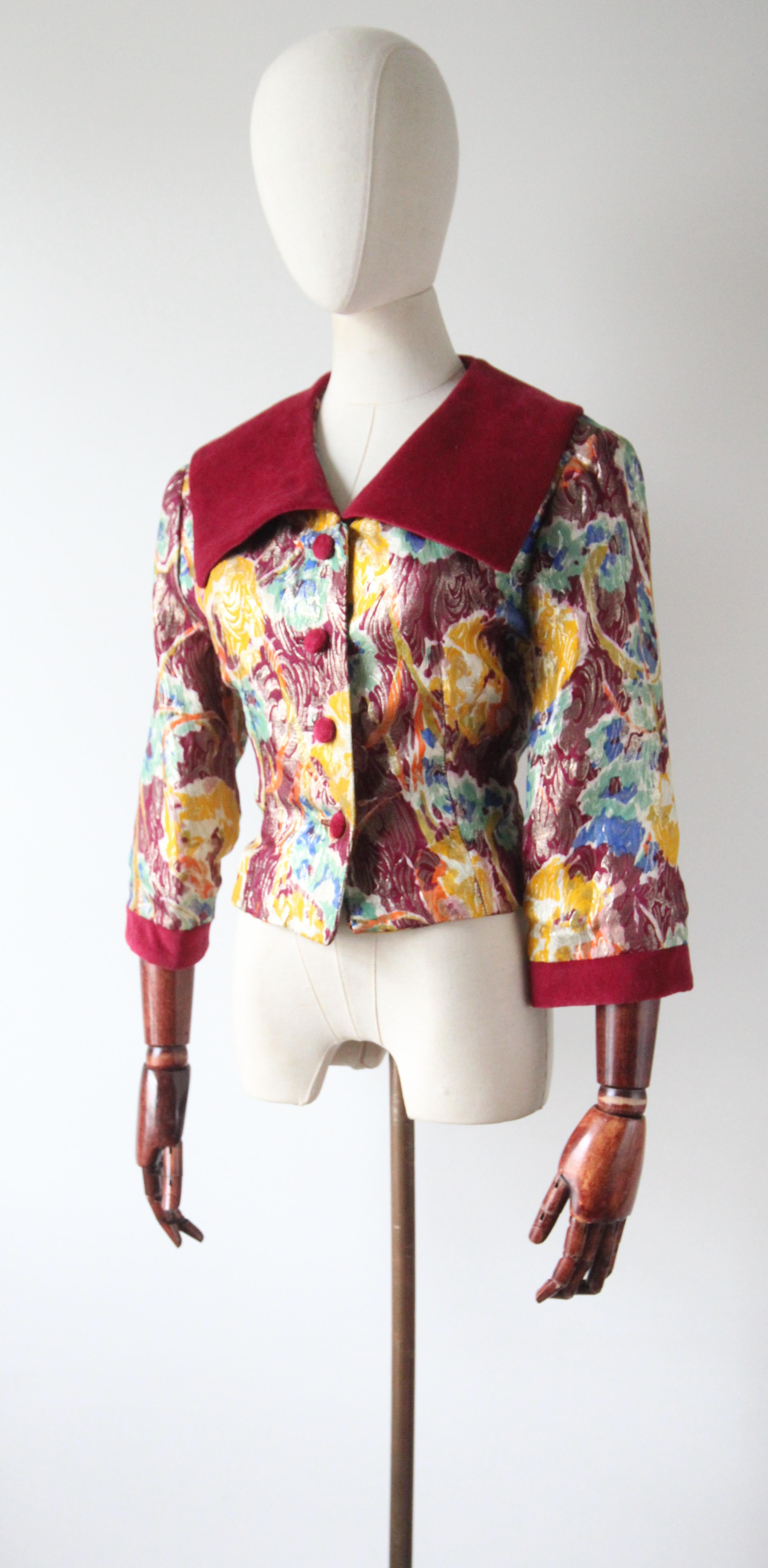 Vintage 1950's burgundy velvet floral lamé silk brocade jacket 1950's UK !2 US 8 For Sale 1