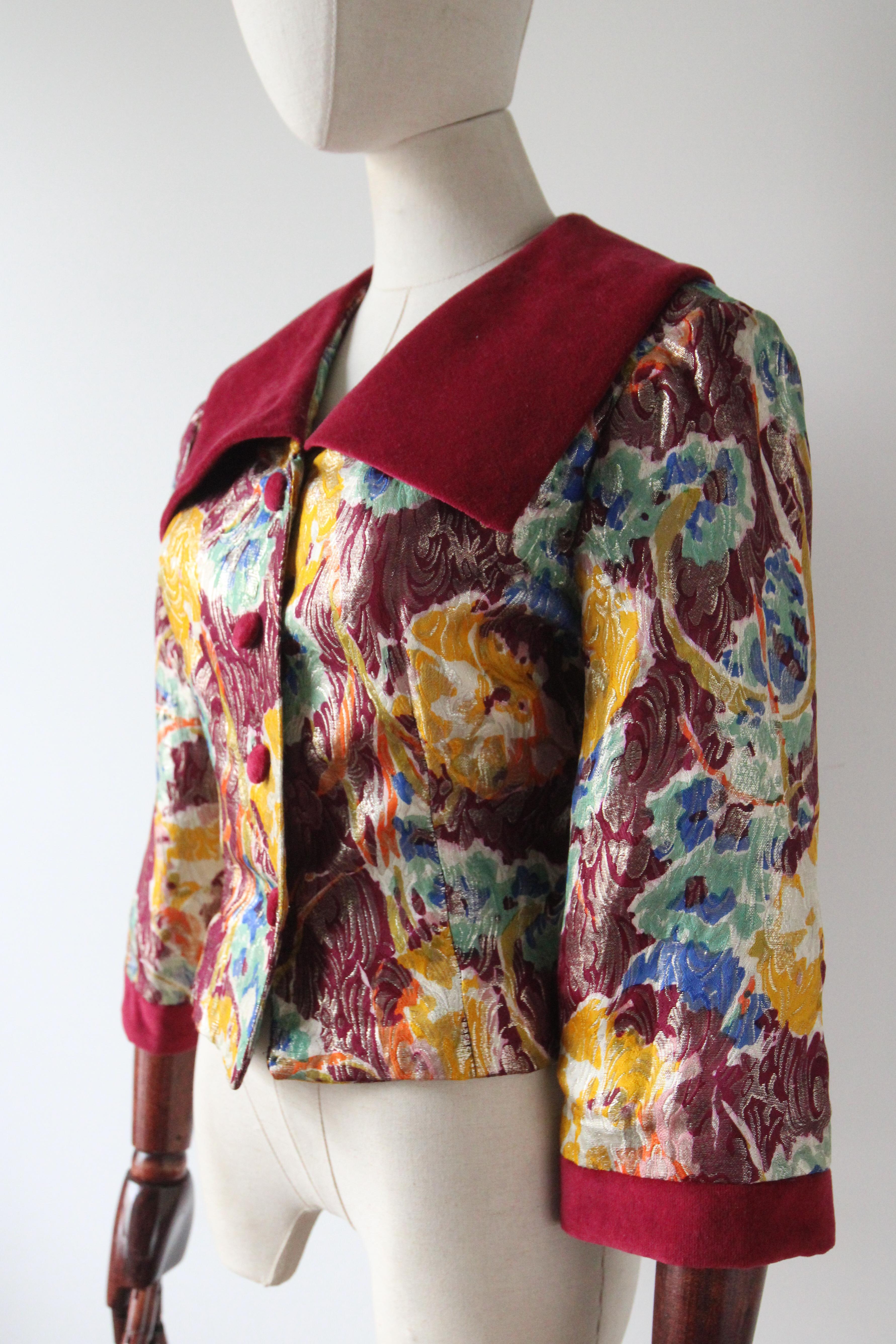 Vintage 1950's burgundy velvet floral lamé silk brocade jacket 1950's UK !2 US 8 For Sale 2