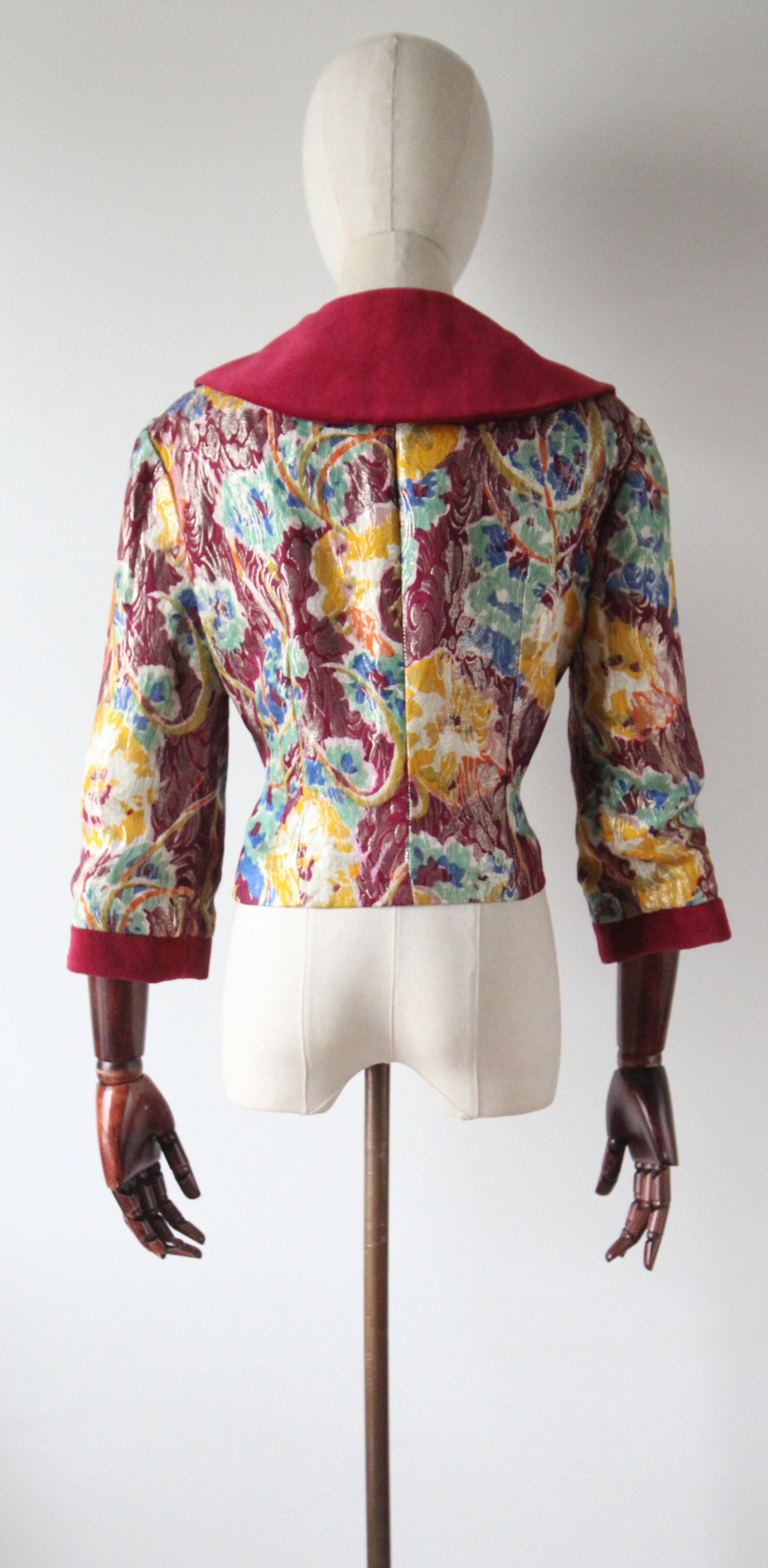 Vintage 1950's burgundy velvet floral lamé silk brocade jacket 1950's UK !2 US 8 For Sale 3