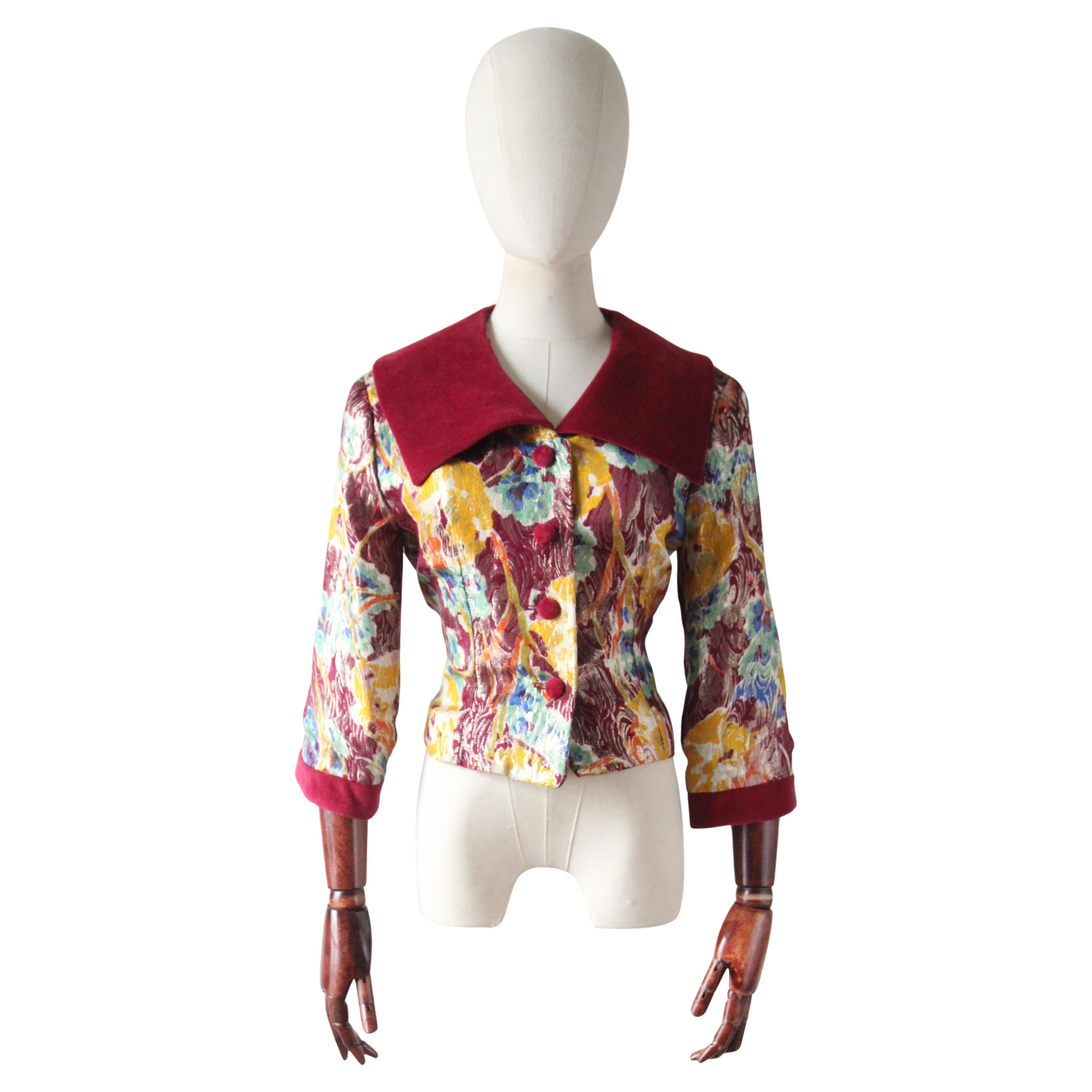 Vintage 1950's burgundy velvet floral lamé silk brocade jacket 1950's UK !2 US 8 For Sale